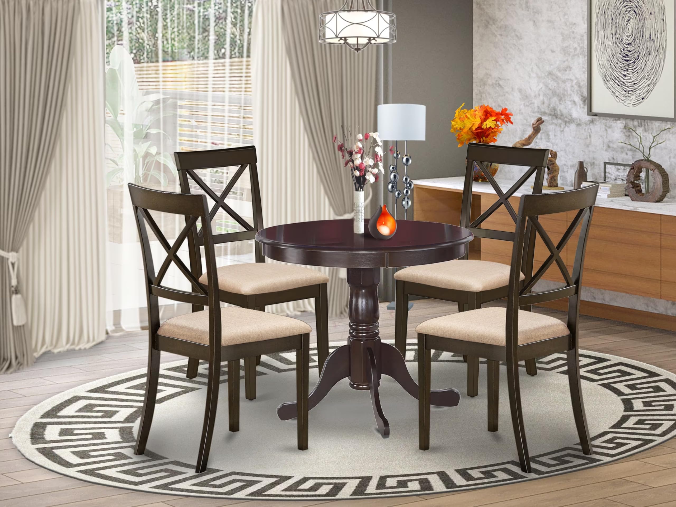 East West Furniture ANBO5-CAP-C 5 Piece Kitchen Table Set for 4 Includes a Round Dining Room Table with Pedestal and 4 Linen Fabric Upholstered Dining Chairs, 36x36 Inch, Cappuccino