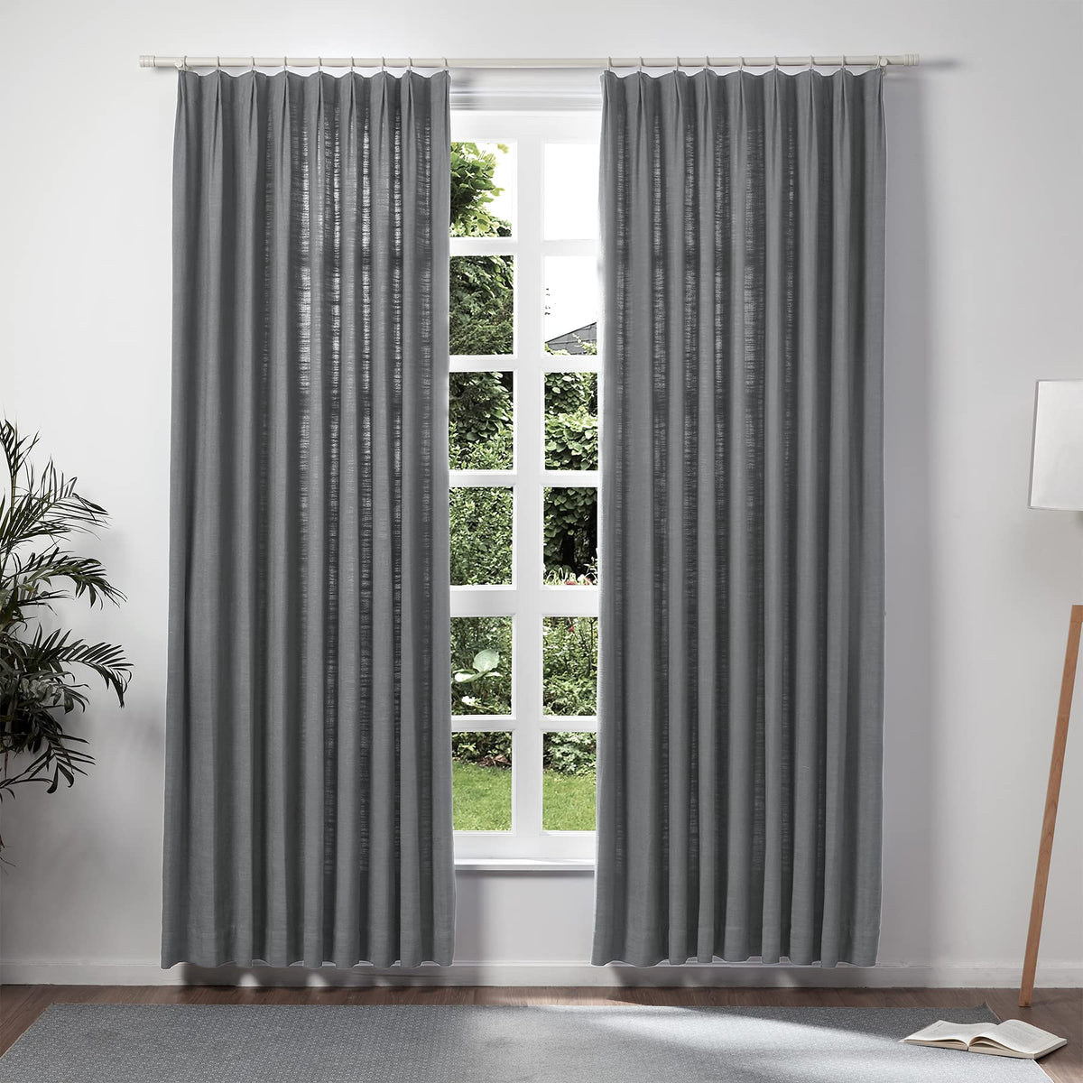 Twopages Dark Grey Linen Pinch Pleat Drape For Living Room, Window Treatment Curtain Panel Double Layer Room Darkening Light Fil