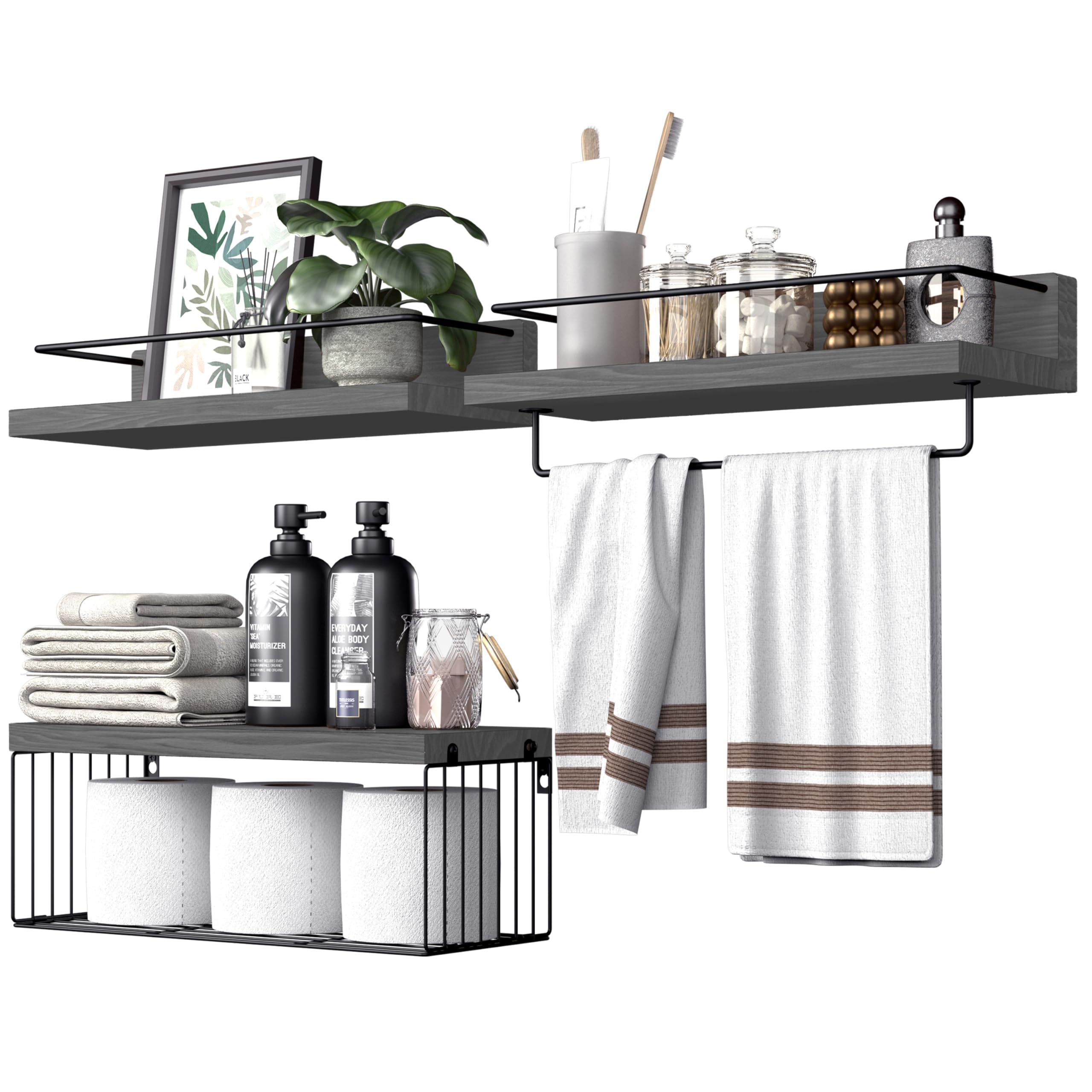 PopiShelves Bathroom Shelves Over Toilet for Wall, Floating Shelves with Storage Basket Paper Holer for Kitchen Living Room, Bed