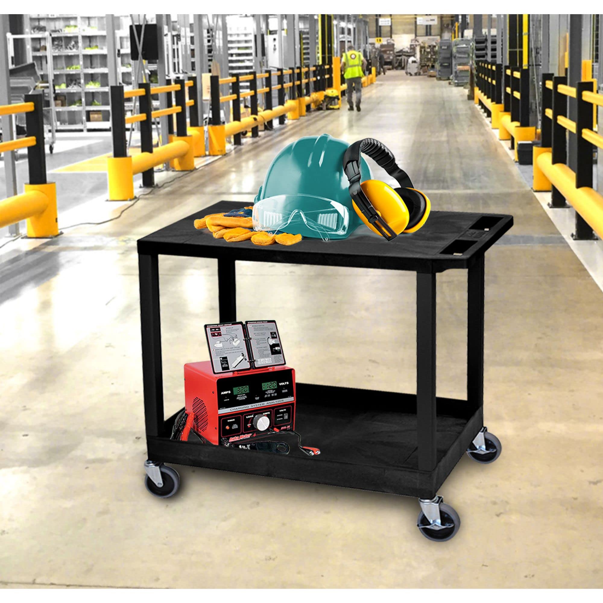 LUXOR EC21-B 32&quot; x 18&quot; Cart - One Tub/One Flat Shelves, Four 4&quot; Casters, Two Fixed Non-Locking Casters, Two with Locking Brake, 100 lbs. Per Shelf, Ergonomic Push Handle