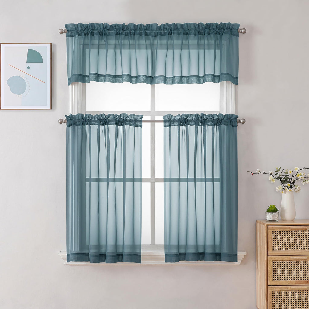 Chyhomenyc Dusty Blue Sheer Curtains 36 Inch Length 2 Panels, Light Filtering Voile Short Window Curtians For Bathroom Small Win