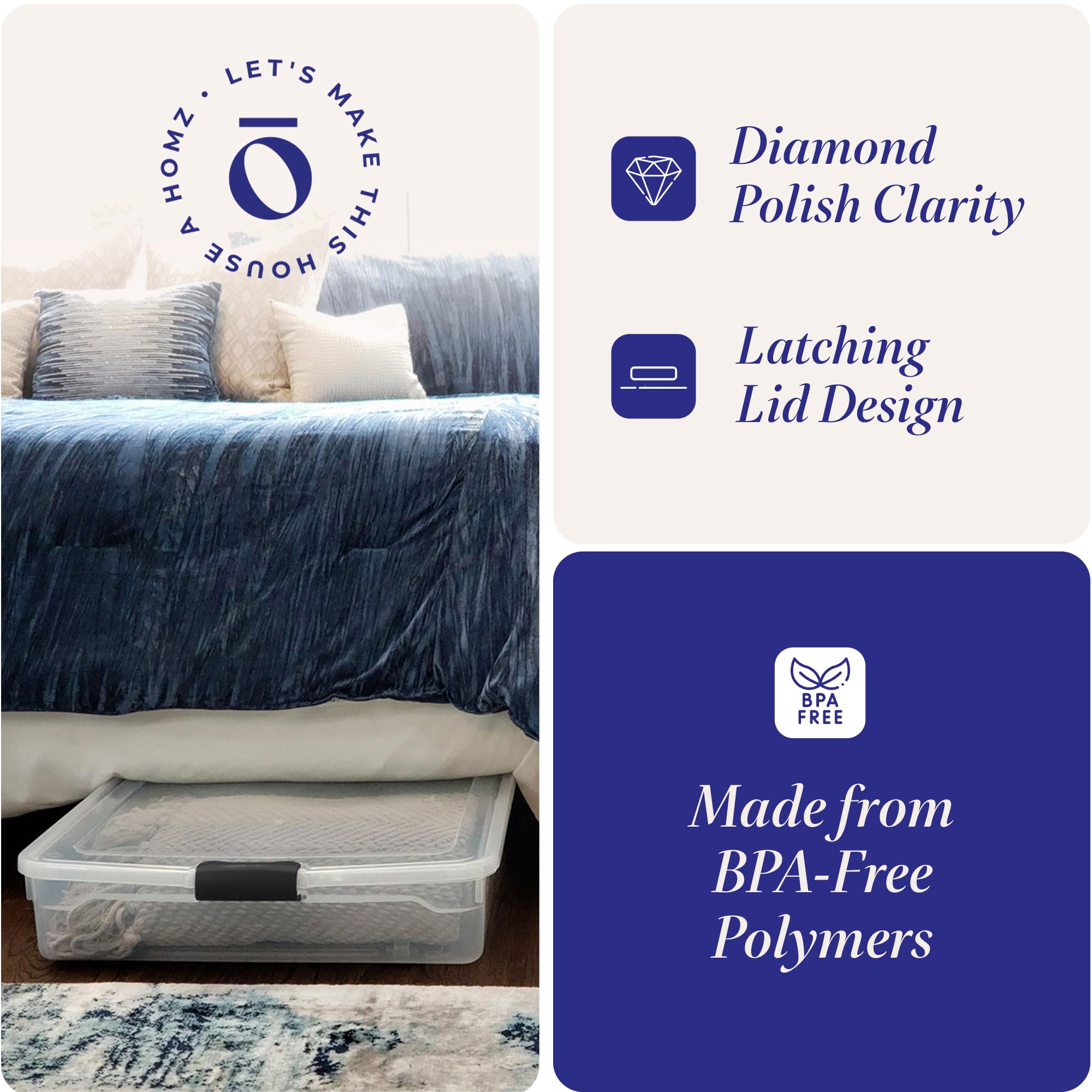 Homz Large 56 Quart Full/Queen Stackable Underbed Storage Bin, Clear Plastic Container With Rolling Wheels For Under Bed Use, 2