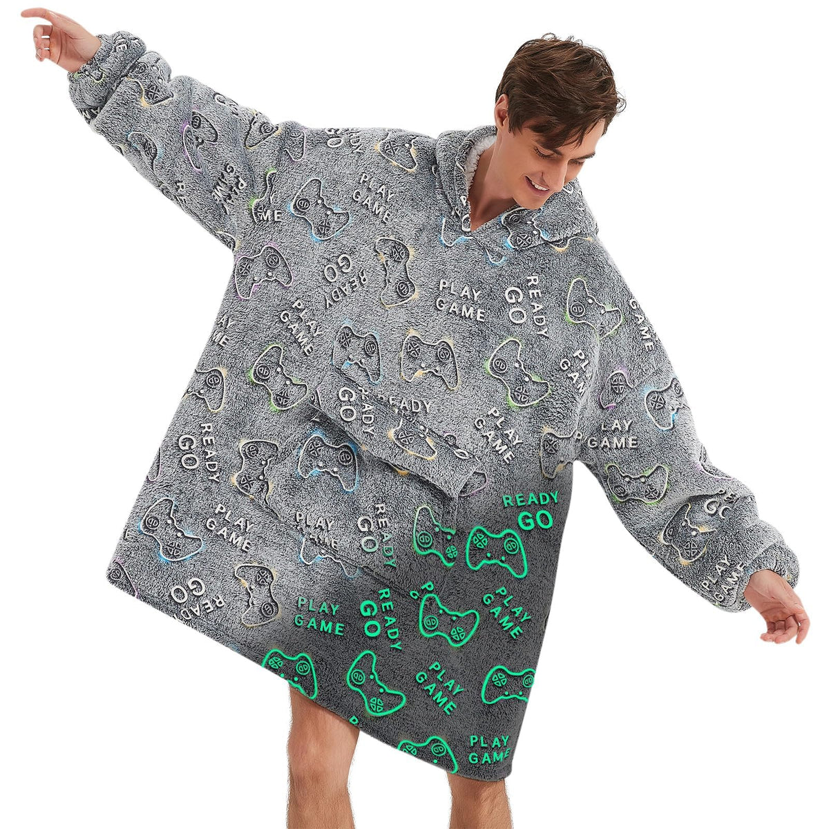 Glow In The Dark Game Controller Wearable Blanket Hoodie For Adult,Oversized Sherpa Fleece Blanket Hoodie For Women Men,Wearable