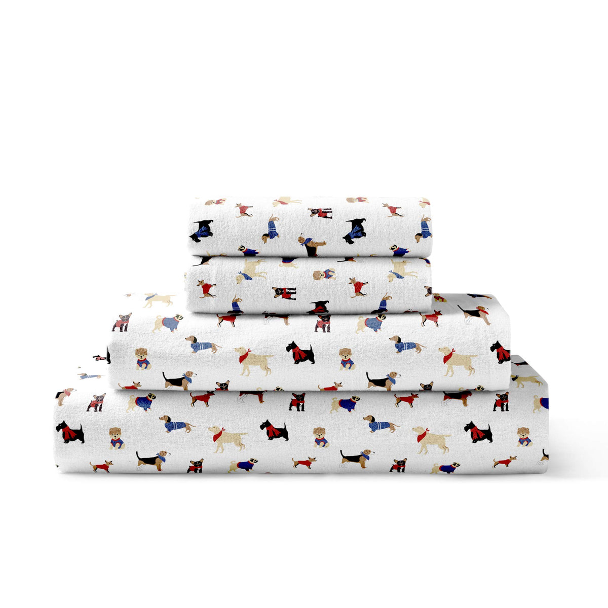 Brielle Home Flannel Sheet Set Cotton Soft Warm & Cozy Modern Chic With Elastic Deep Pockets, California King, Dogs White