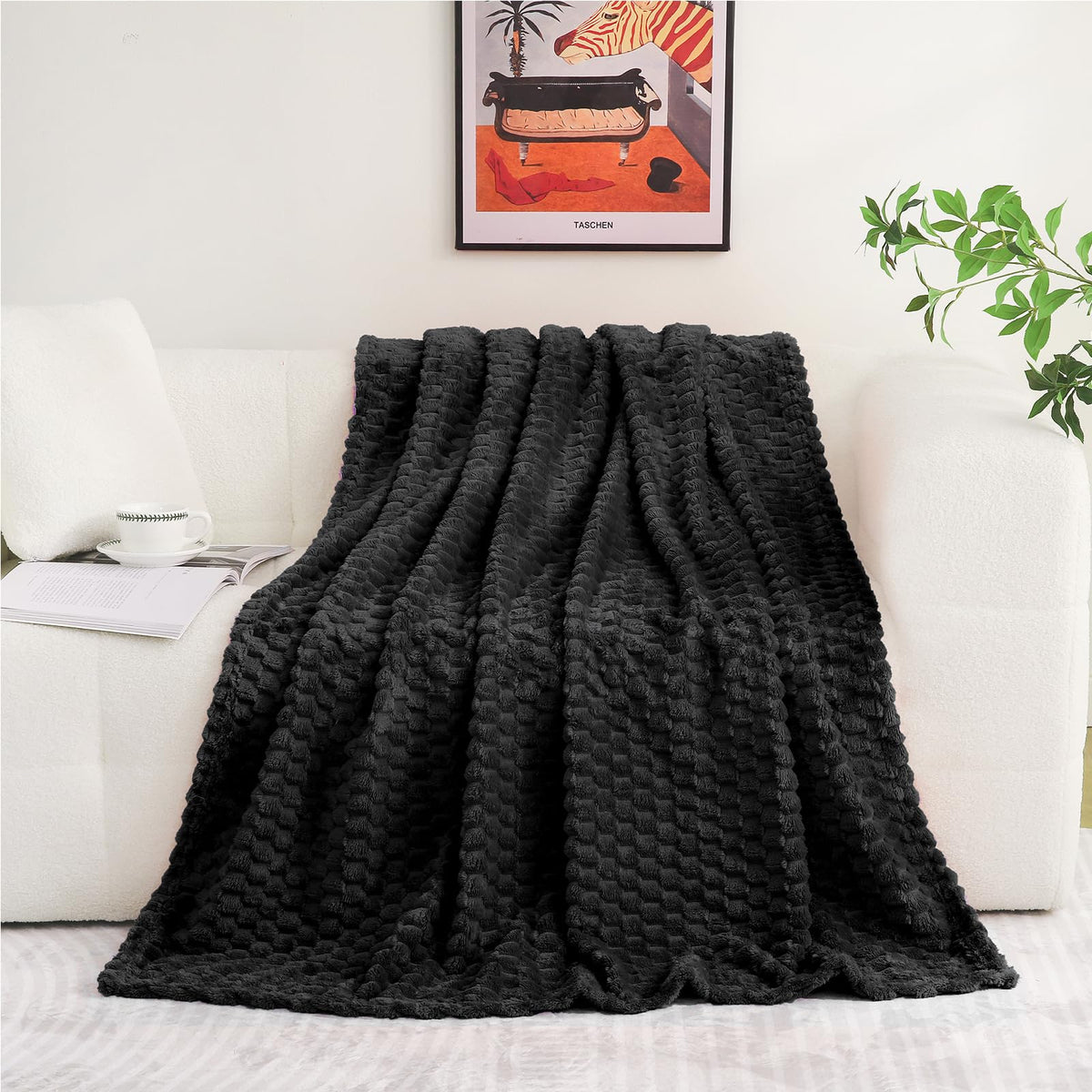 Puncuntex Black Throw Blanket 60''  80'' Inches Fuzzy 3D Jacquard Decorative Flannel Fleece Super Soft Plush Cozy Blanket For Co