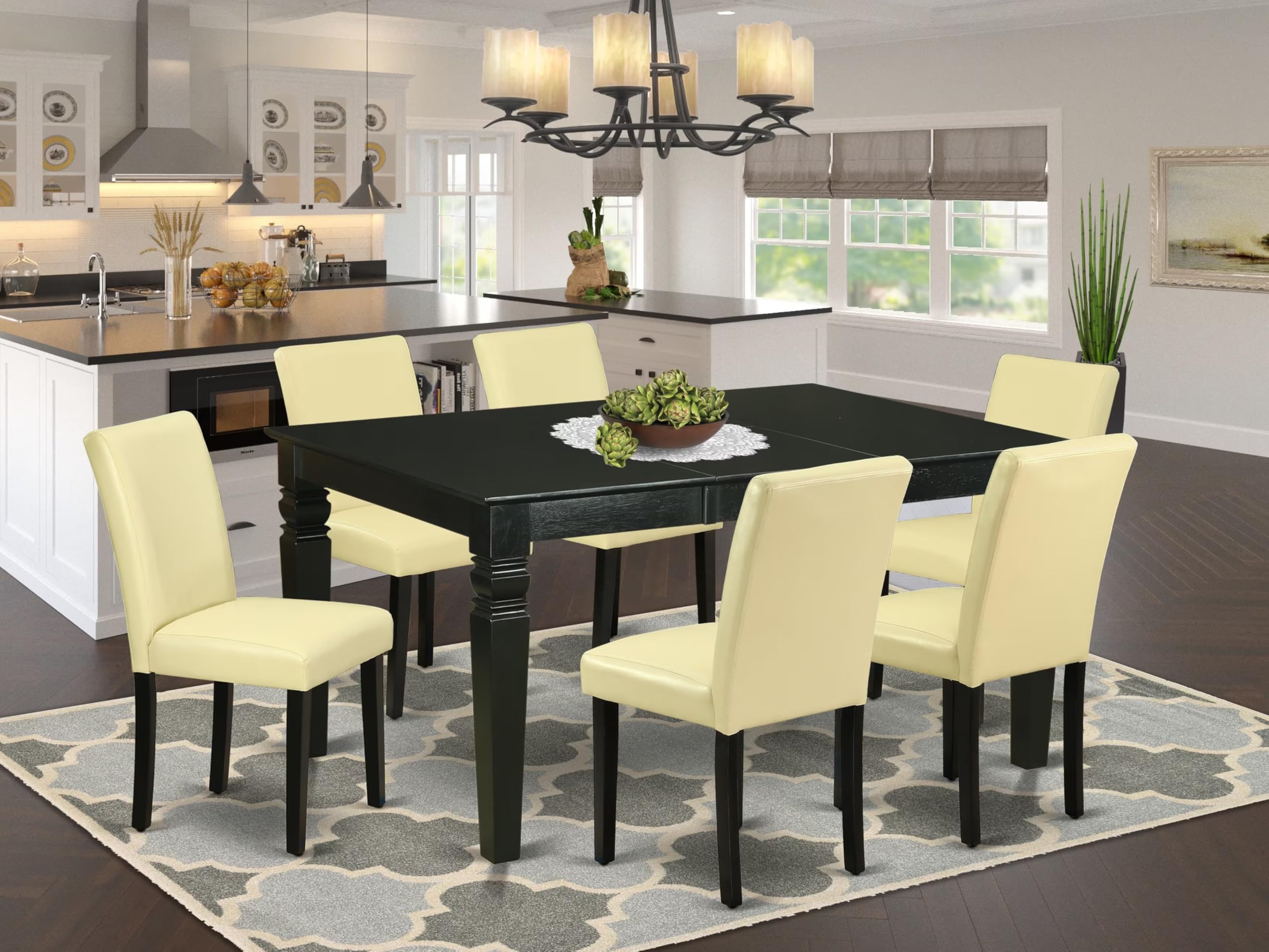 East West Furniture Weab7-Blk-73 7 Piece Dining Set Consist Of A Rectangle Dining Room Table With Butterfly Leaf And 6 Eggnog Faux Leather Upholstered Chairs, 42X60 Inch, Black