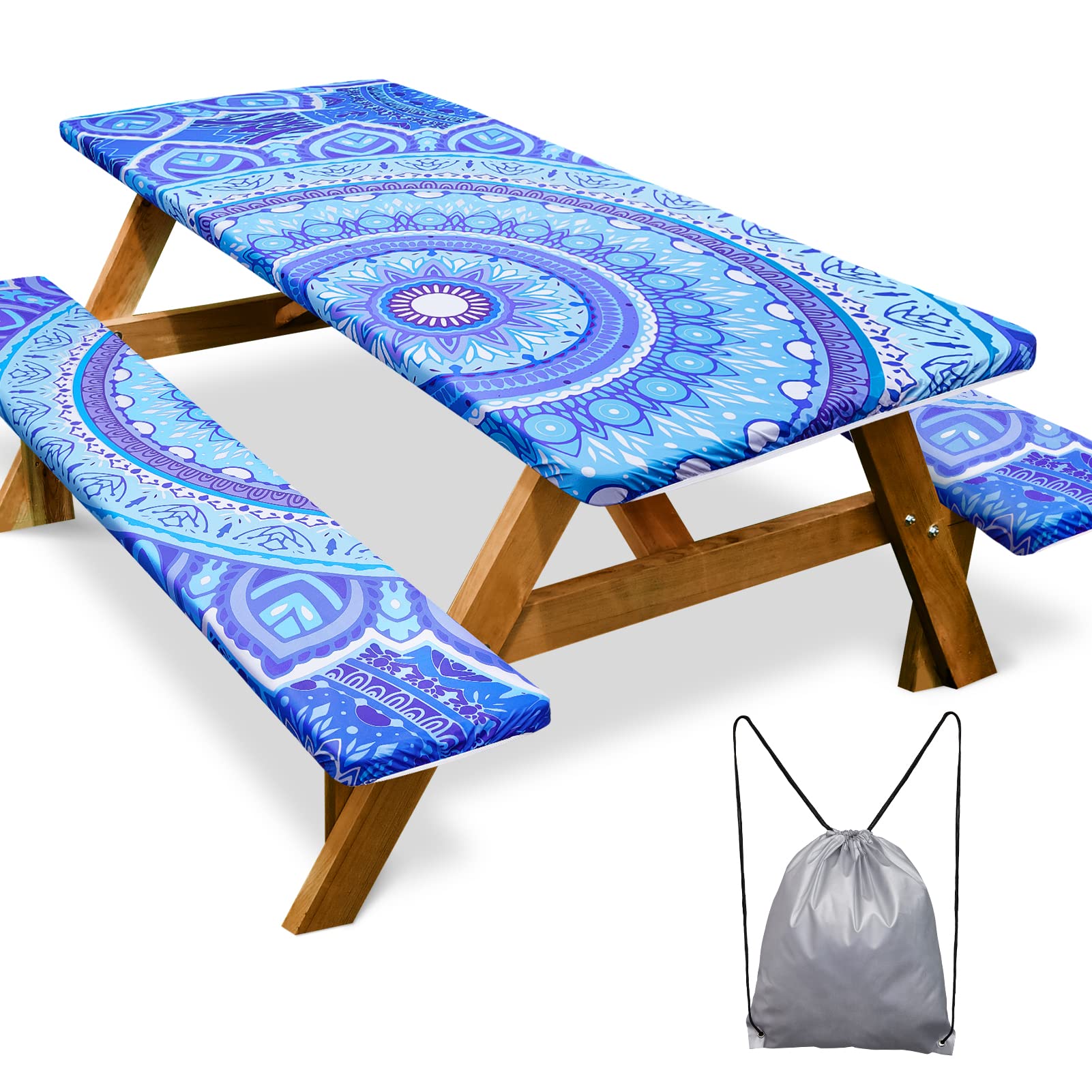 Picnic Table Cover With Bench Covers 8Ft 3 Pcs Waterproof Windproof Camping Tablecloth With Drawstring Bag, Fitted Rectangle Tab