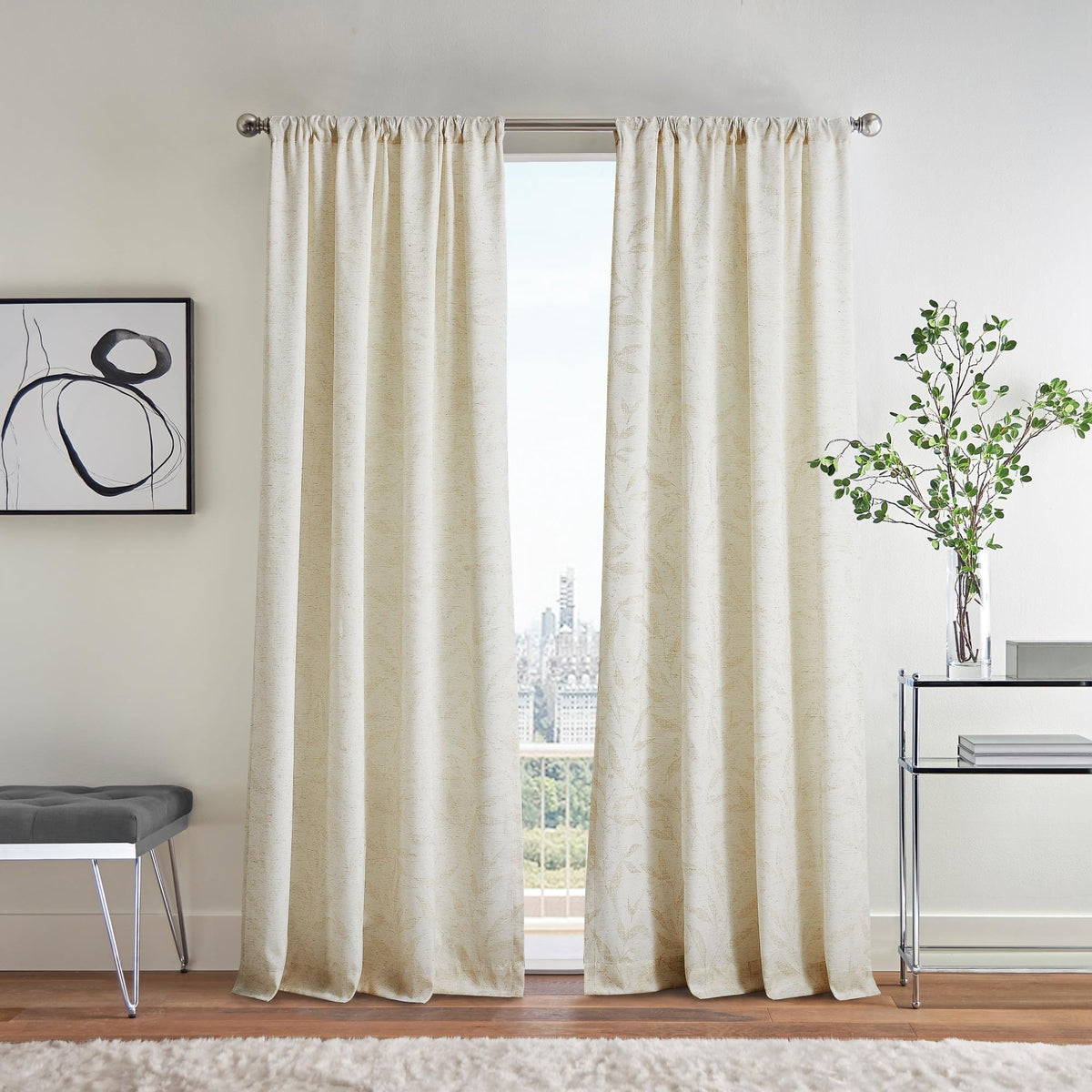 Martha Stewart Light Filtering Curtains Gold Metallic Leaves on Linen Holiday Window Curtains for Living Room Rod Pocket Panel P