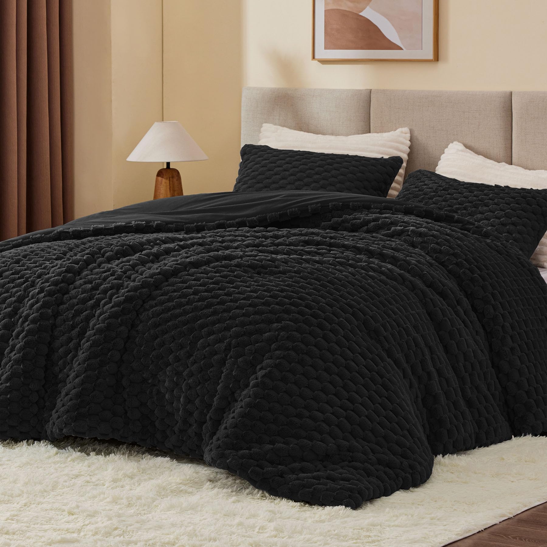 Bedelite Fluffy Queen Comforter Set - Black Fleece Soft Comforter For Queen Size Bed, Luxury Warm Bedding Set For Winter, Fuzzy