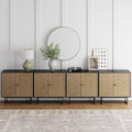 Nathan James Kova Rattan Wood Accent Sideboard Storage Cabinet Large Console Table With Metal Frame, Adjustable Shelves And Cane Doors, For Hallway, Entryway Or Living Room, Black Oak/Cane, Set Of 4