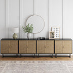 Nathan James Kova Rattan Wood Accent Sideboard Storage Cabinet Large Console Table With Metal Frame, Adjustable Shelves And Cane Doors, For Hallway, Entryway Or Living Room, Black Oak/Cane, Set Of 4