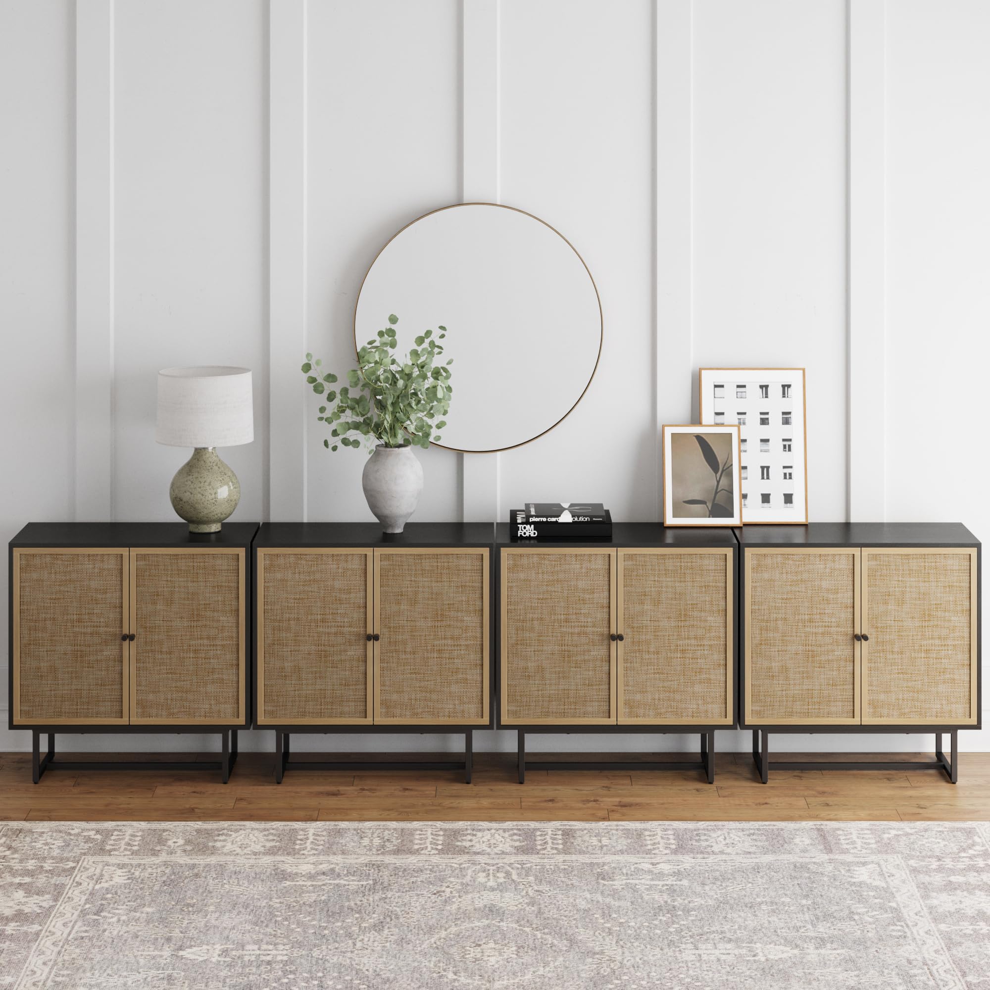 Nathan James Kova Rattan Wood Accent Sideboard Storage Cabinet Large Console Table With Metal Frame, Adjustable Shelves And Cane Doors, For Hallway, Entryway Or Living Room, Black Oak/Cane, Set Of 4