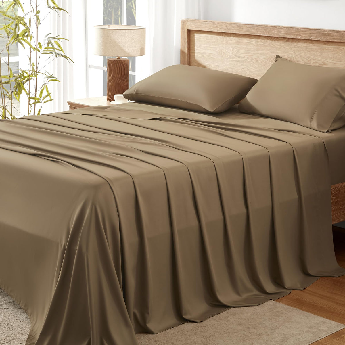 Andency Taupe Queen Sheets Set, 100% Viscose Derived From Bamboo, Cooling Bed Sheets Queen Size, Deep Pocket Up To 16', Silky Soft Sheets, Hotel Luxury Breathable Bedding Sheets & Pillowcases…