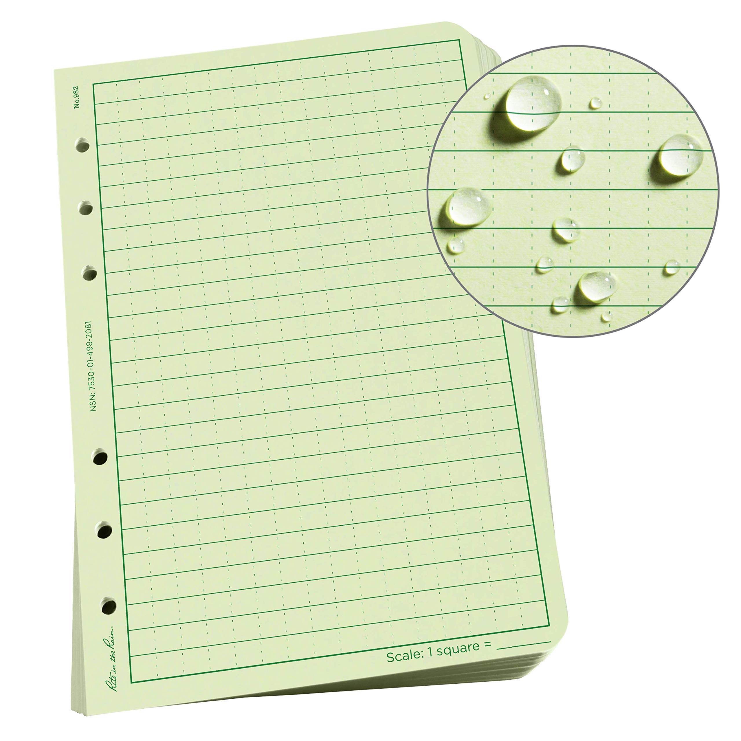 Rite In The Rain Weatherproof Loose Leaf Paper, 4.625' X 7', 32# Green, Universal Pattern, 100 Sheet Pack (No. 982)