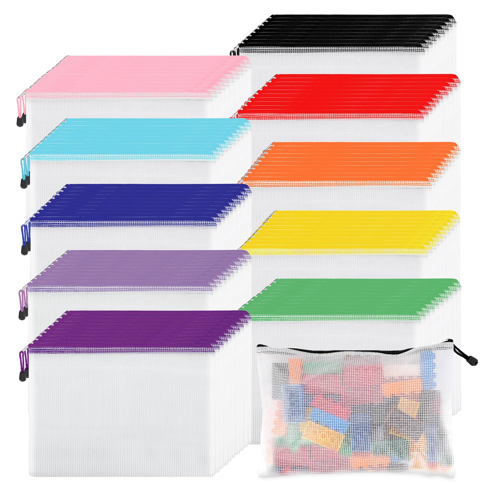 Eoout 100Pcs Mesh Zipper Pouch, A4 Size, 10 Colors Zipper Bags For Organizing Storage, Waterproof Puzzle Bag, Zipper File Bags F
