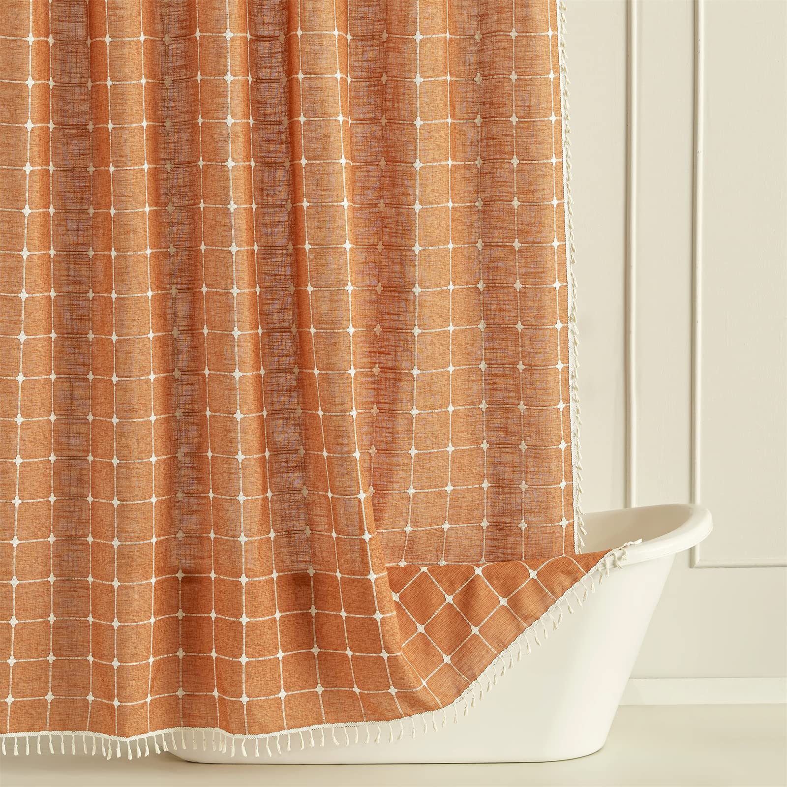 Yokii Boho Tassel Chic Shower Curtain In Pumpkin Orange, Wrinkle Free & Ultra Thick Cotton Linen Rustic Cottagecore Cute French