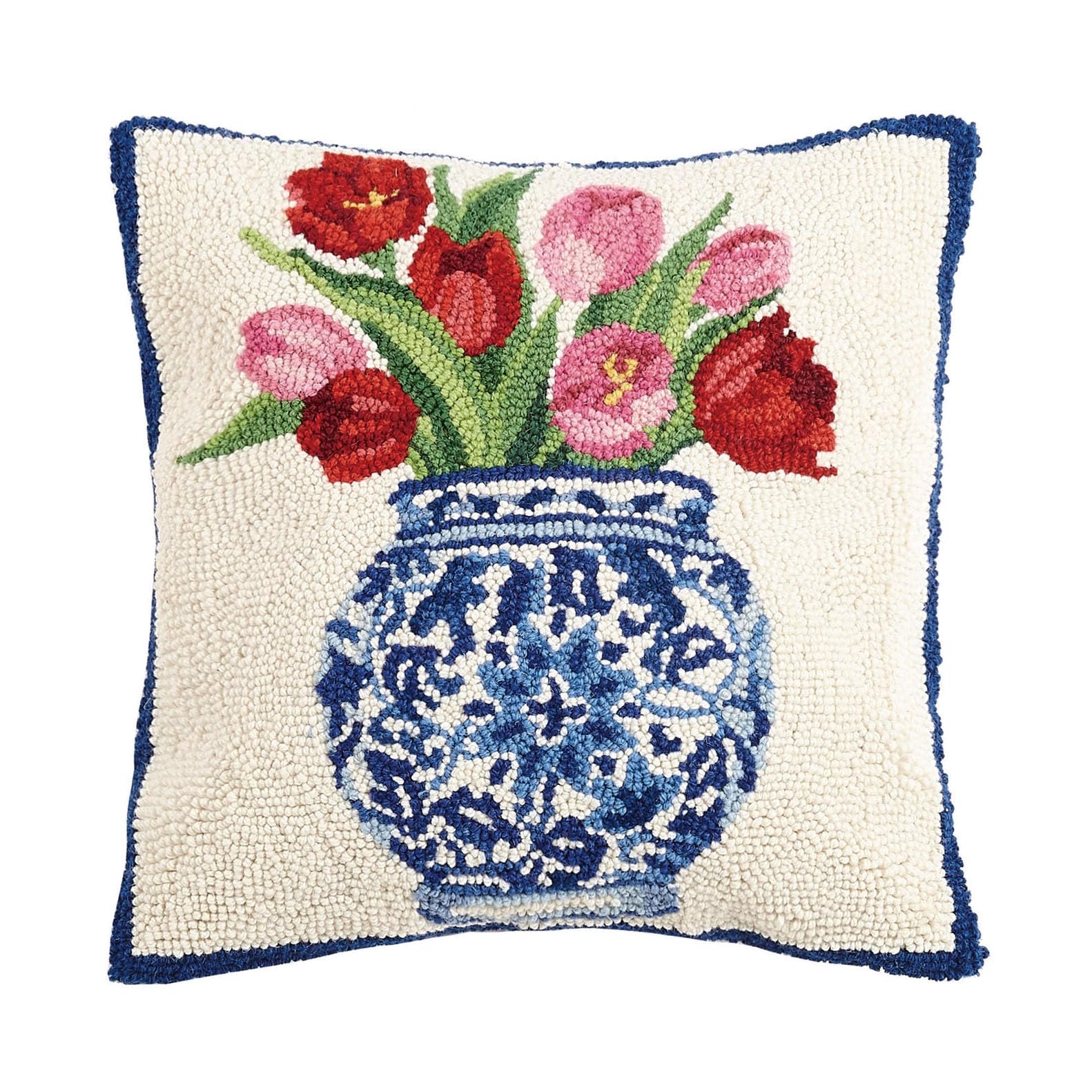 Peking Handicraft 30Ser515Ac16Sq Chinoiserie Vase Tulips Hook Pillow, 100% Wool And Cotton