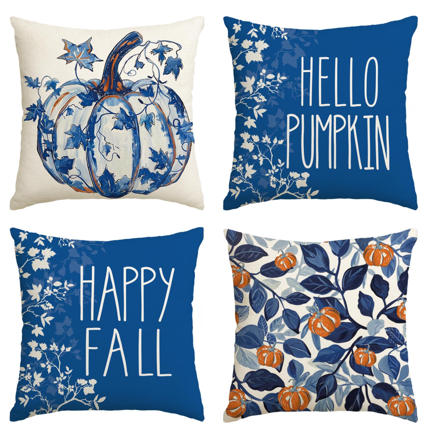 Avoin Colorlife Happy Fall Hello Pumpkin Chinoiserie Throw Pillow Covers, 16 X 16 Inch Blue And White Porcelain Color Autumn Tha