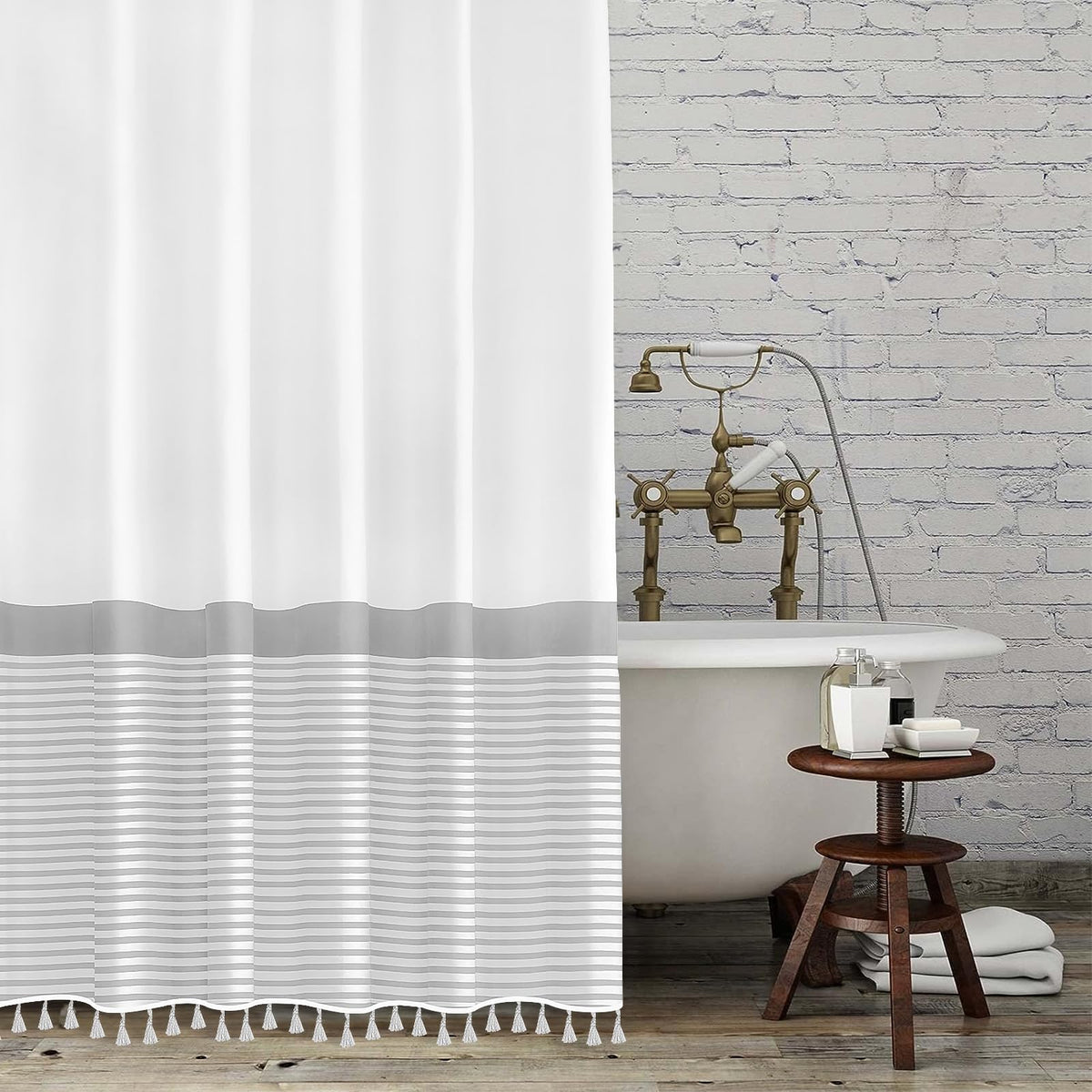 Tassel Fabric Shower Curtain, 96 Inch Extra Long Gray Striped Bathroom Shower Curtain With Tassels White Nordic Chic Polyester B