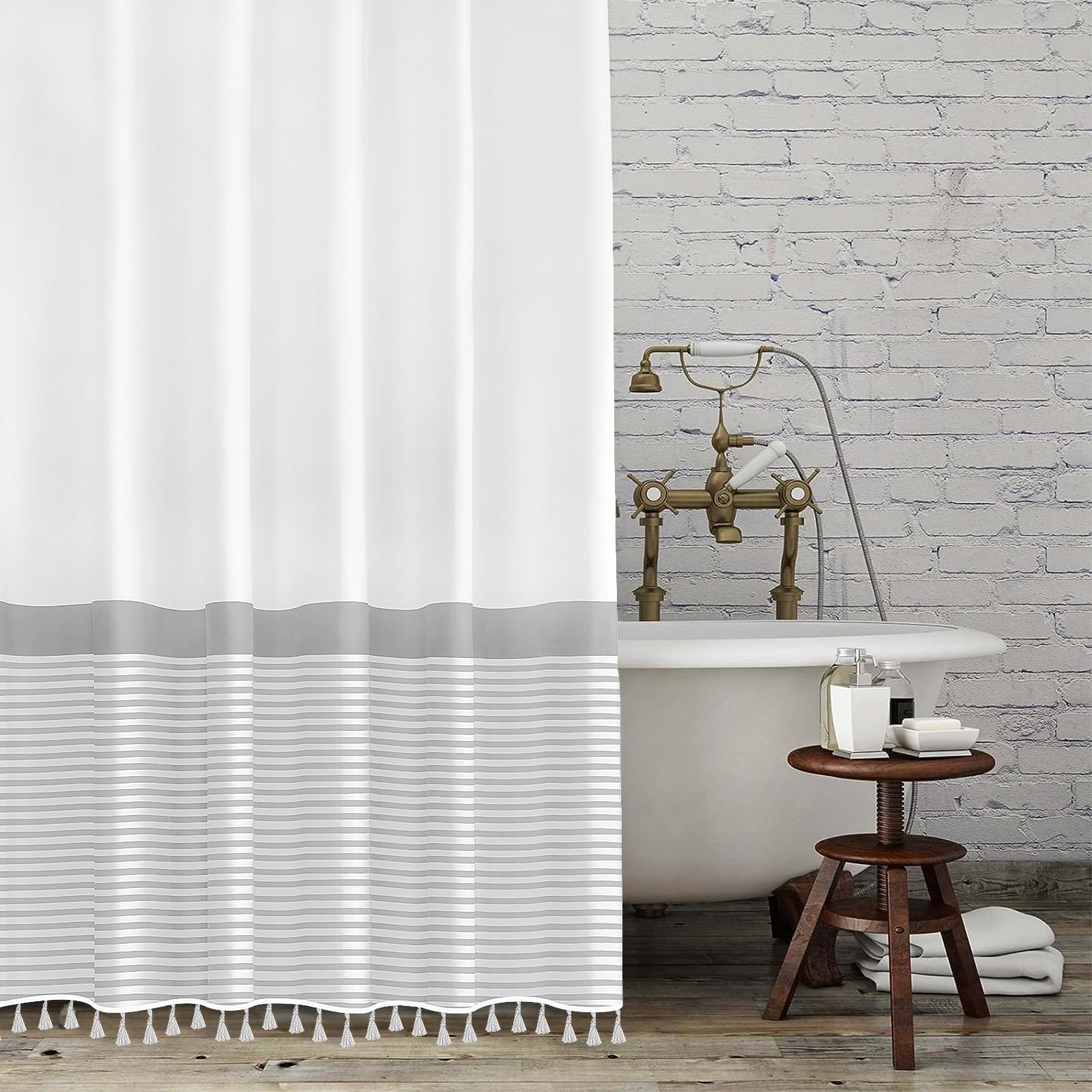 Tassel Fabric Shower Curtain, 96 Inch Extra Long Gray Striped Bathroom Shower Curtain With Tassels White Nordic Chic Polyester B