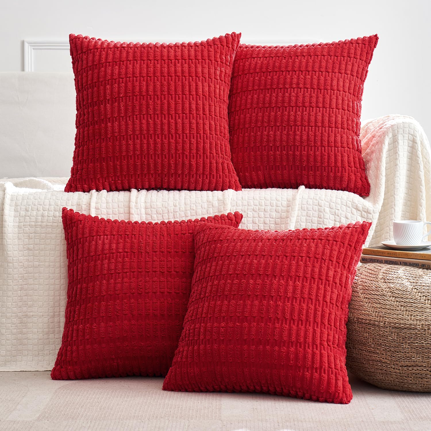 Miulee Pack Of 4 Red Corduroy Decorative Throw Pillow Covers 20X20 Inch Soft Boho Striped Pillow Covers Modern Farmhouse Home Decor For Sofa Living Room Couch Bed