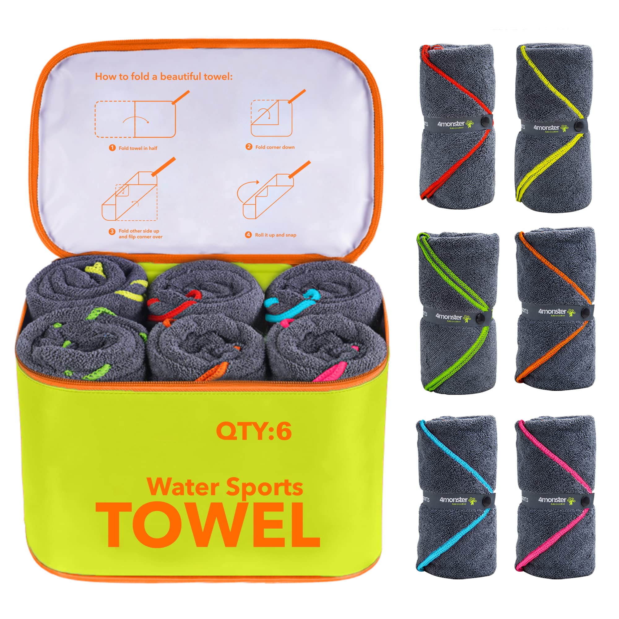 4Monster 6 Pack Microfiber Camping Towel Quick Dry, Super Absorbent Travel Towel with Waterproof Bag, Lightweight Boat Towel for