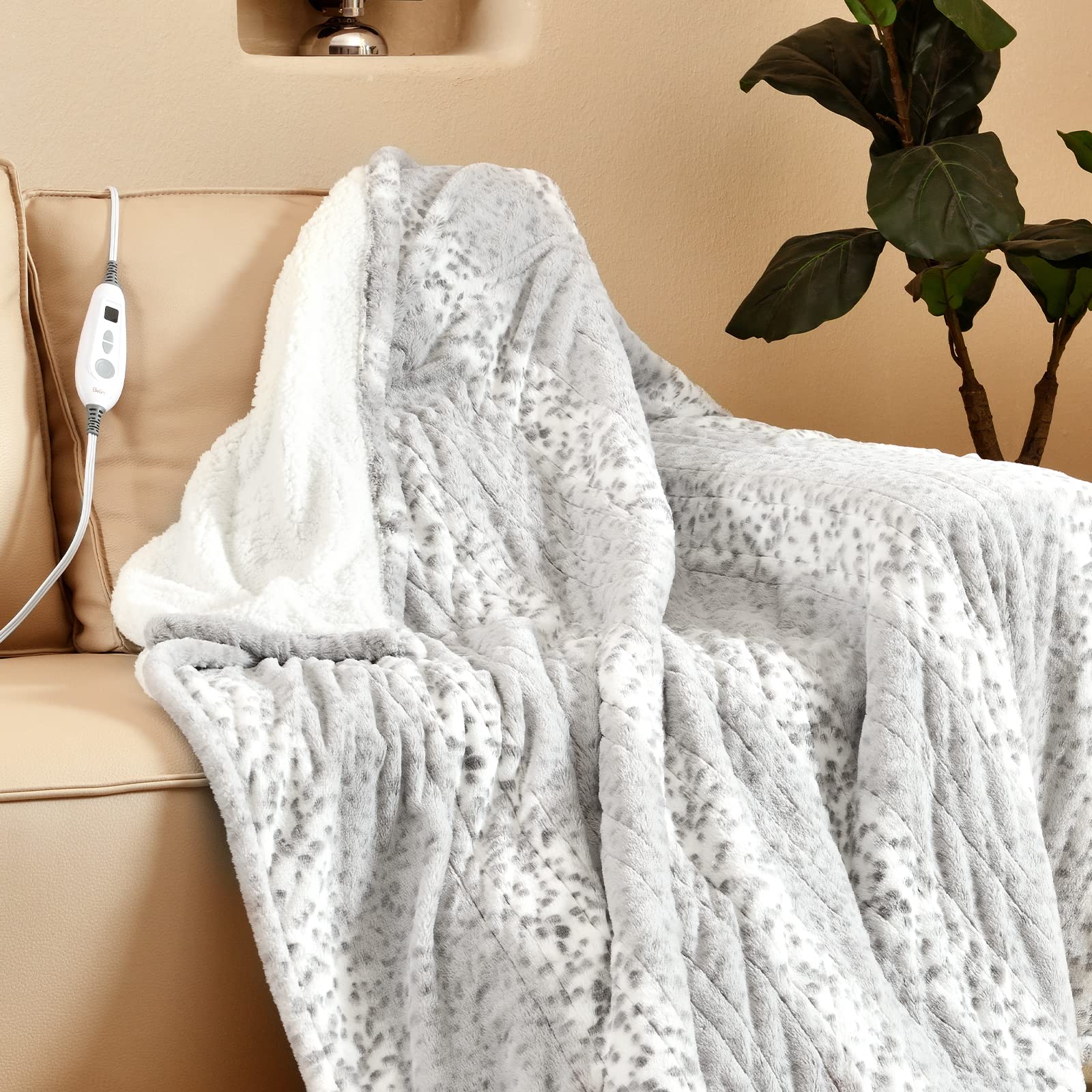 Bearhug Electric Heated Throw Blanket 50' X 60', Reversible Faux Fur & Sherpa, 6 Heating Levels & 4H Auto Off, Over-Heat Prote