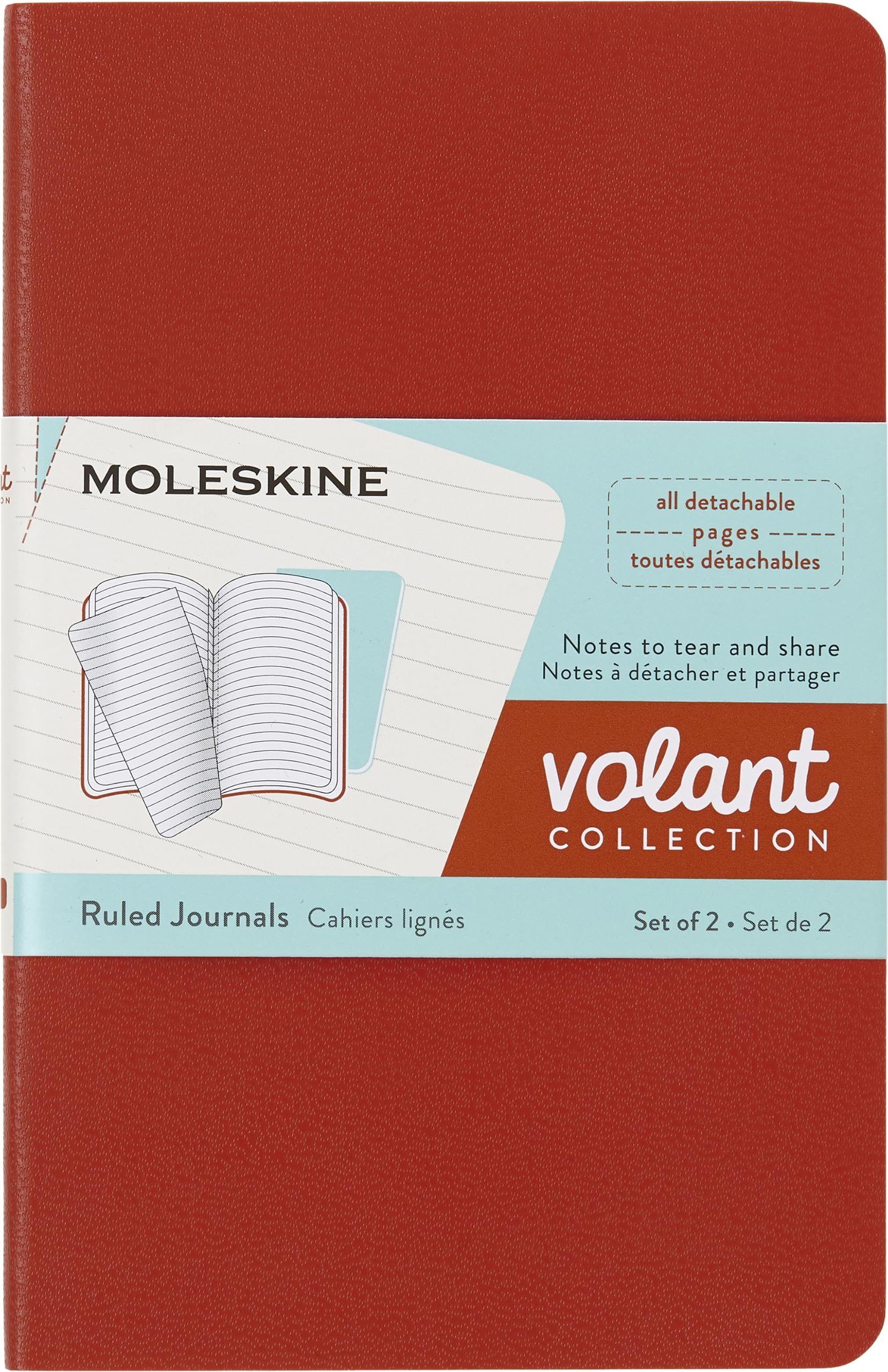 Moleskine Volant Journal, Soft Cover, Pocket (3.5' X 5.5') Ruled/Lined, Coral Orange/Aqua Blue, 80 Pages (Set Of 2)