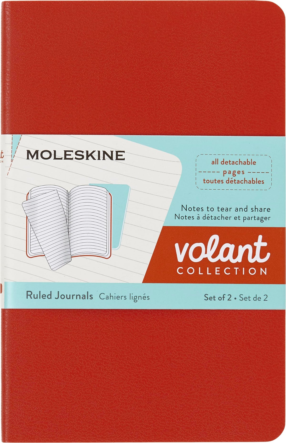 Moleskine Volant Journal, Soft Cover, Pocket (3.5' X 5.5') Ruled/Lined, Coral Orange/Aqua Blue, 80 Pages (Set Of 2)