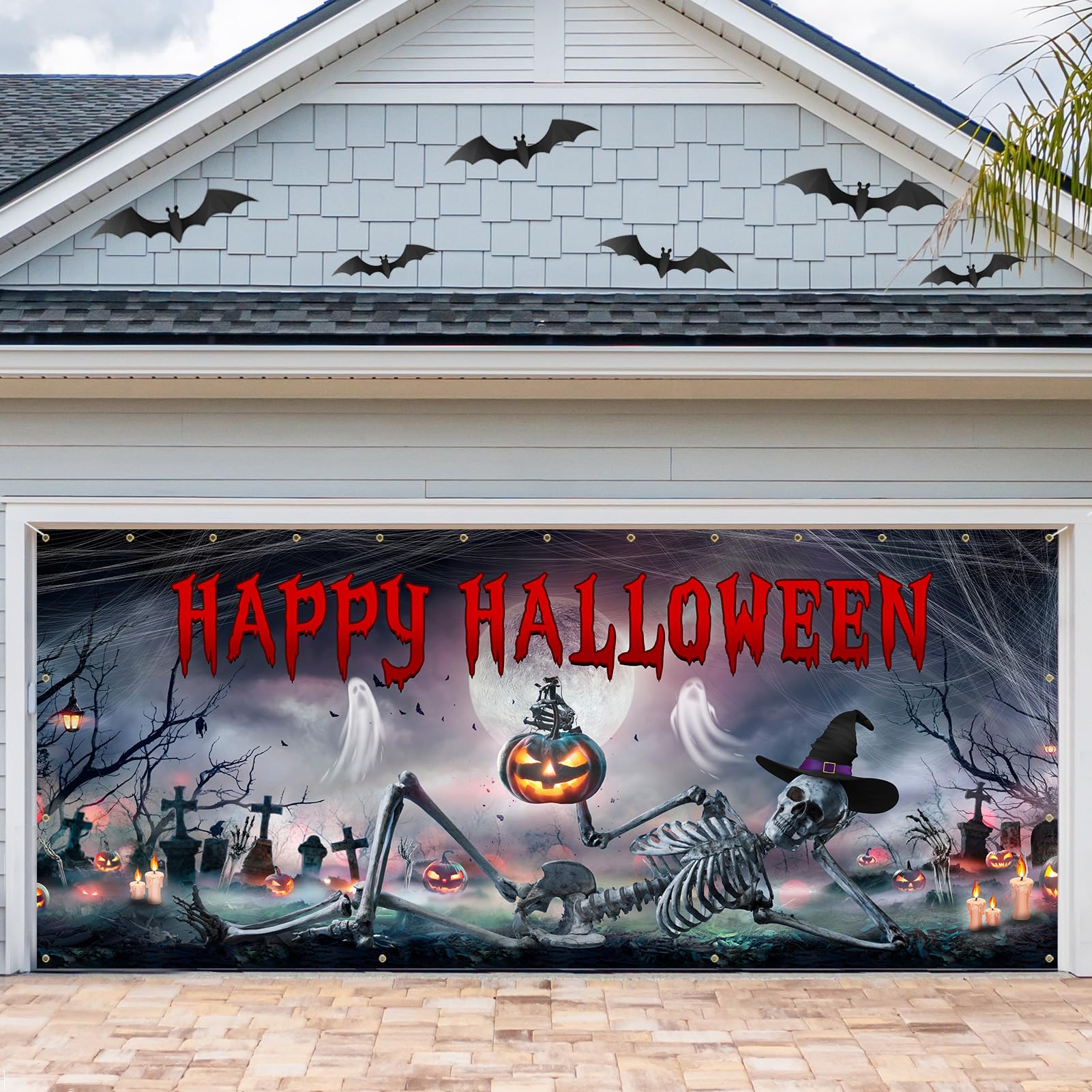 Vlipoeasn Cemetery Sukll Halloween Garage Door Decorations, 7X16 Ft Halloween Garage Door Cover Banner, Halloween Outdoor Party