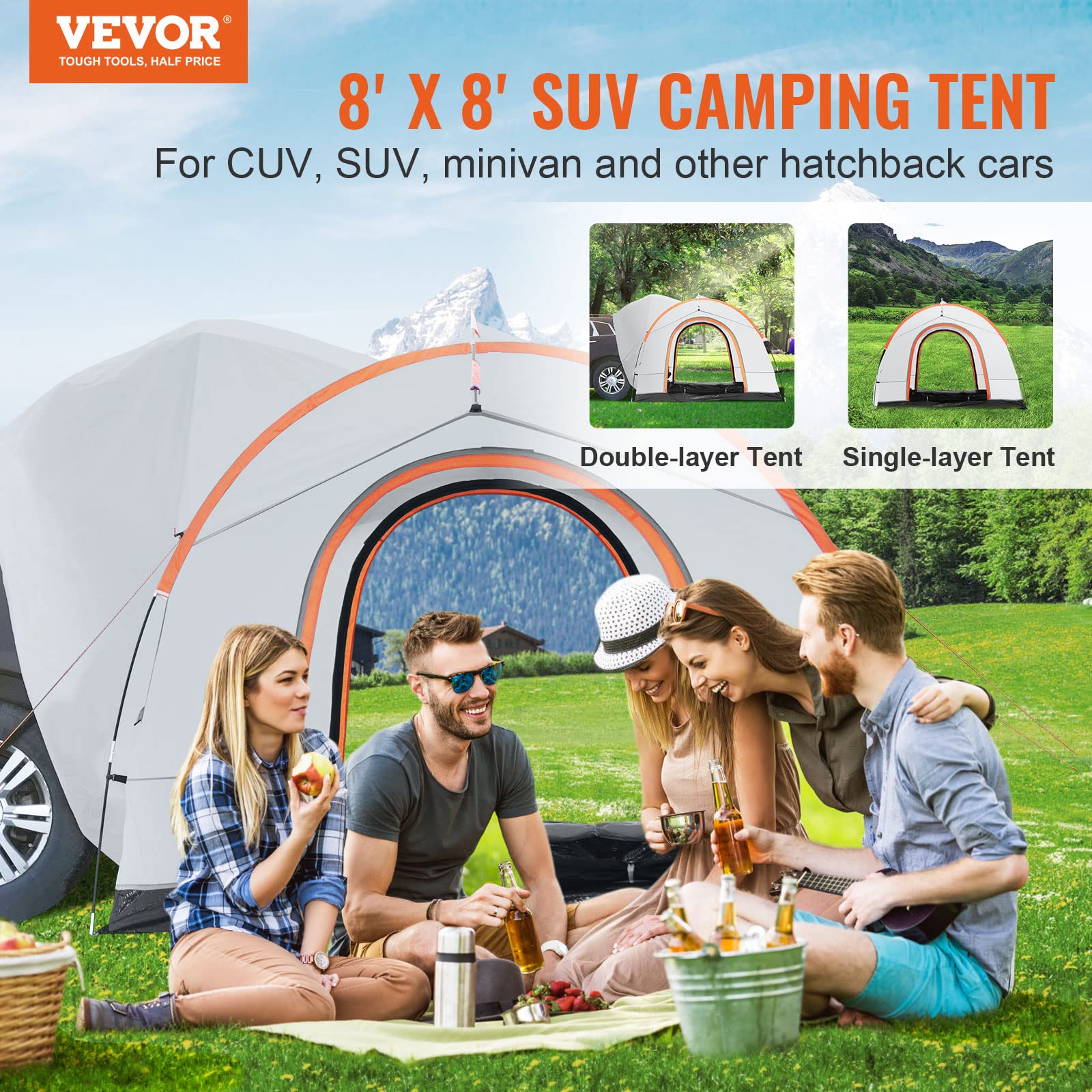 Vevor Suv Camping Tent, 8'-8' Suv Tent Attachment For Camping With Carry Bag, Waterproof Pu2000Mm Double Layer Truck Tent, Accom