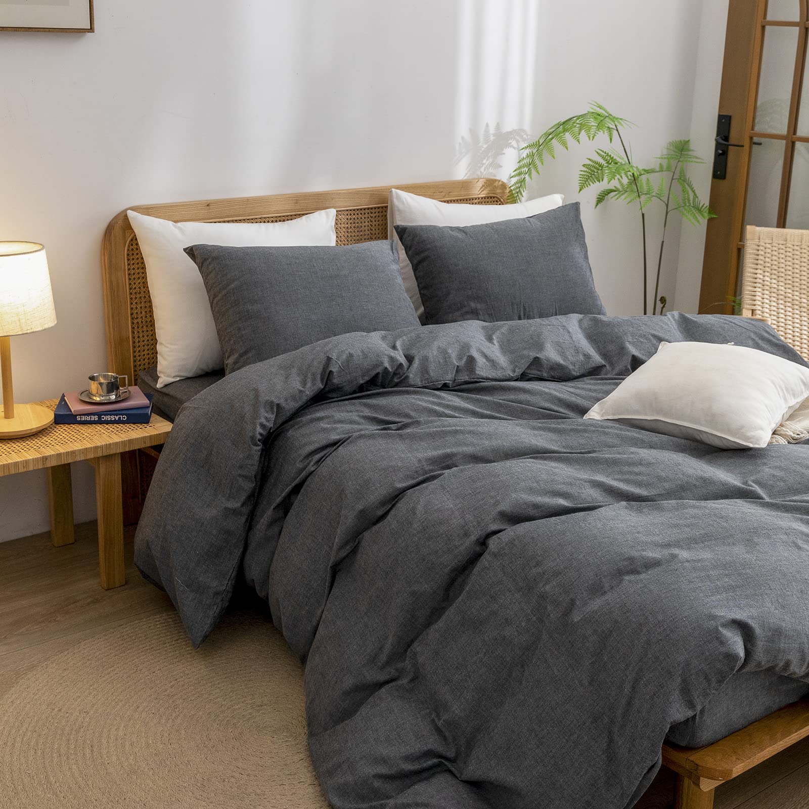 Bestouch Duvet Cover Set 100% Washed Cotton Linen Feel Super Soft Comfortable Chic Lightweight 3 Pcs Home Bedding Set Solid Dark