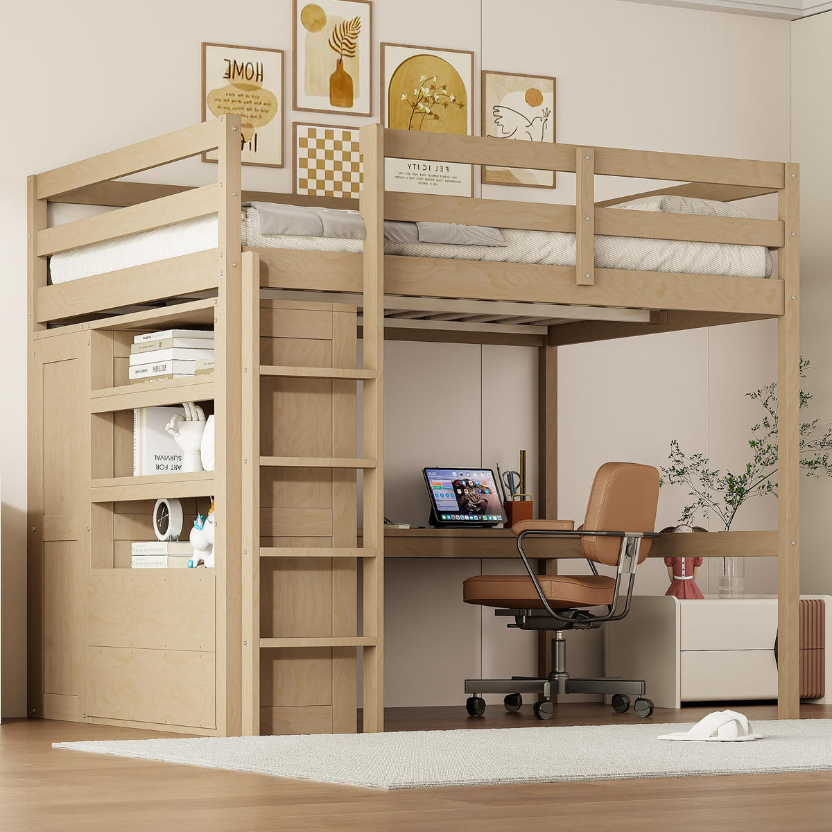 Merax Wood Full Size Loft Bed with Builtin Wardrobe, Desk, Storage Shelves and Drawers, Walnut