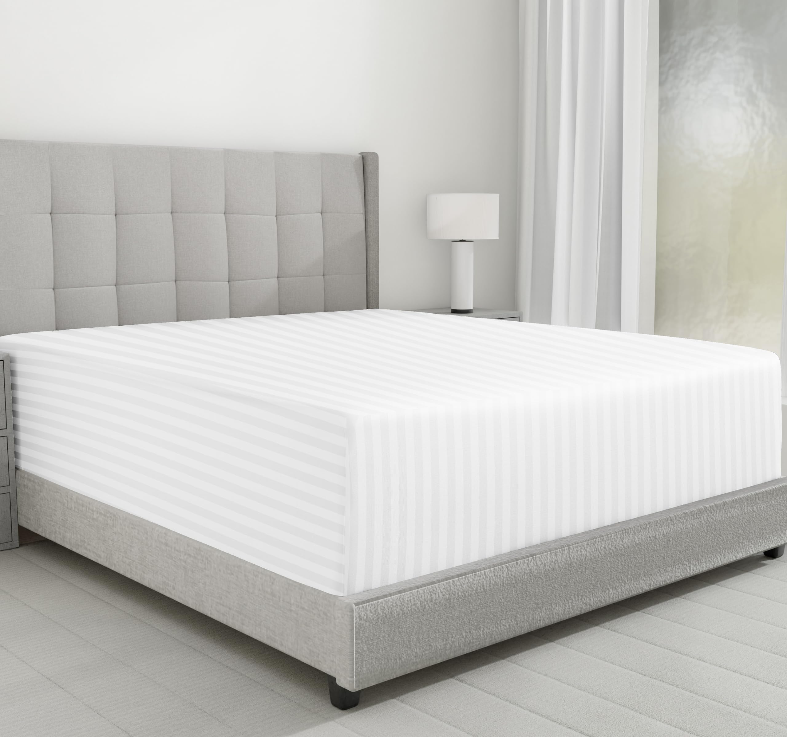 California Design Den Luxury Cotton Sateen Damask Stripe Queen Size Fitted Sheet Only - Soft 100% Cotton Sateen, Deep Pocket Bottom Fitted Sheet, Hotel Quality With A Foot Side Indicator - White