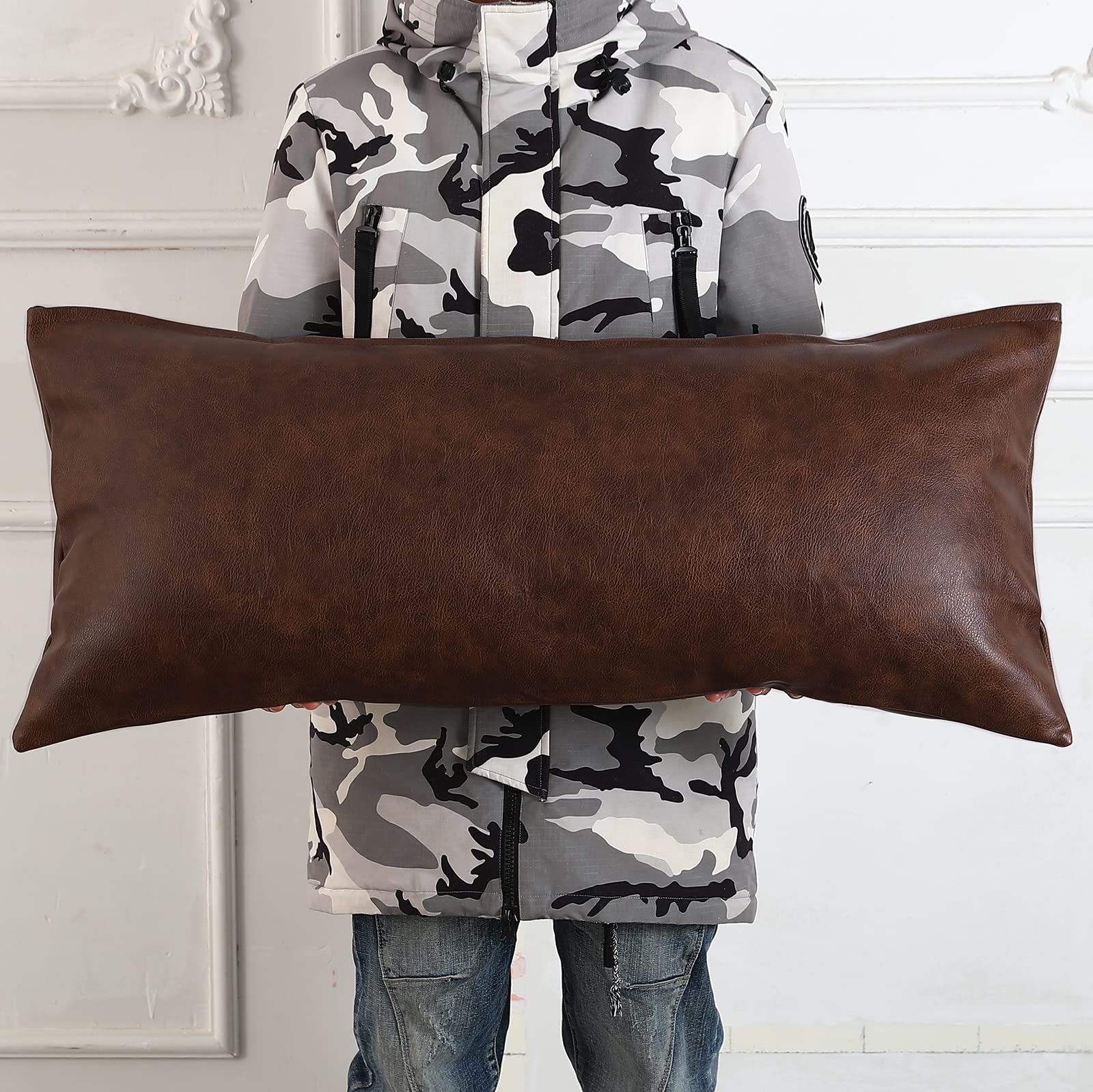 Panod Decorative Lumbar Throw Pillow Covers 14 X 36,Premium Faux Leather Long Pillow Covers Cushion Case For Farmhouse Sofa Couc