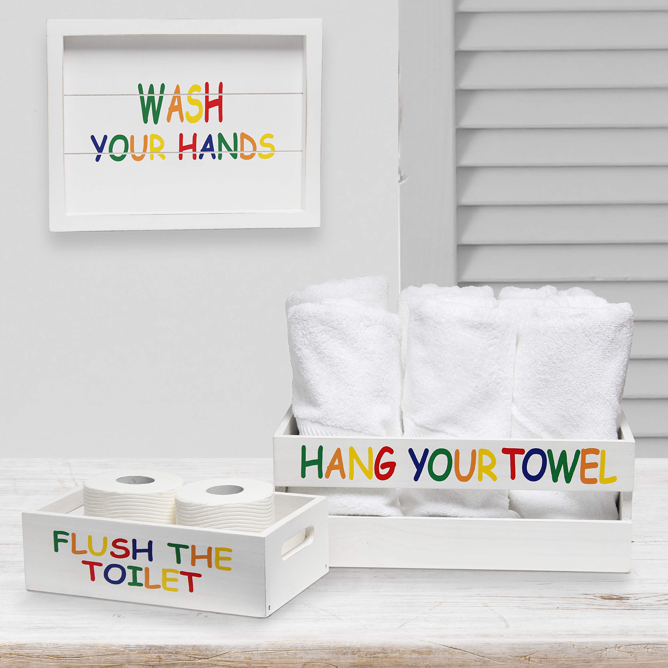 Elegant Designs Hg3000-Wkc Three Piece Decorative Wood Bathroom Set White Wash Rainbow Colors Towel And Toilet Paper Storage Crate And Holder, Quote Frame, Kids/Large