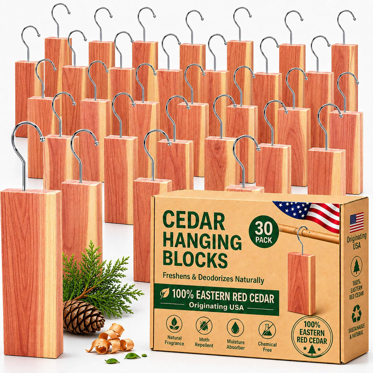 30 Pack Hanging Cedar Blocks for Clothes Storage, 100% Natural Eastern Red Cedar Planks with Metal Hooks, Sandable Cedar Closet 