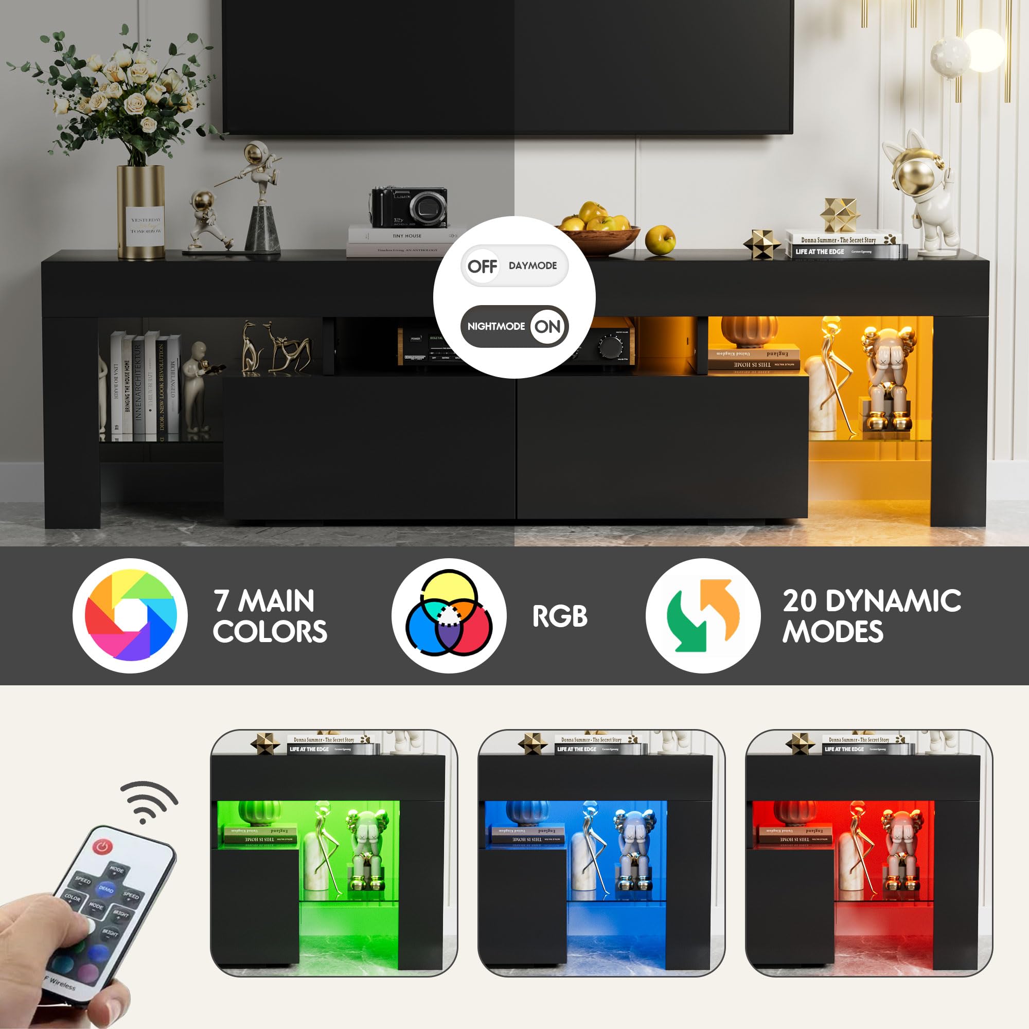 Yeshomy Modern Led Tv Stand For Televisions Up To 70 Inch With Glass Shelves And Drawer, Gaming Entertainment Center With Multiple Dynamic Rgb Modes, For Livingroom, Bedroom, 60 Inch, Black