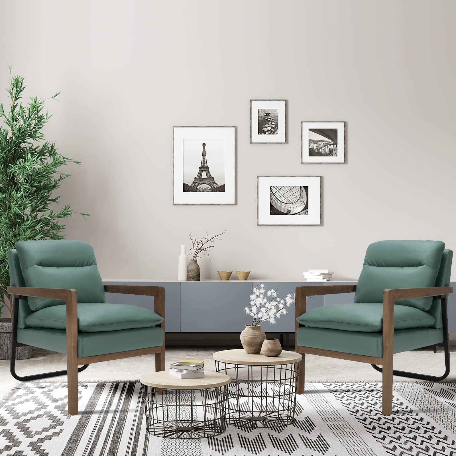 Giantex Set Of 2 Accent Chair, Comfy Soft Leathaire Bedroom Chair With Solid Rubber Wood Legs, Rear Steel Bracket, Non-Slip Foot Pads, Detachable Cushions, Mid-Century Modern Living Room Chairs, Green
