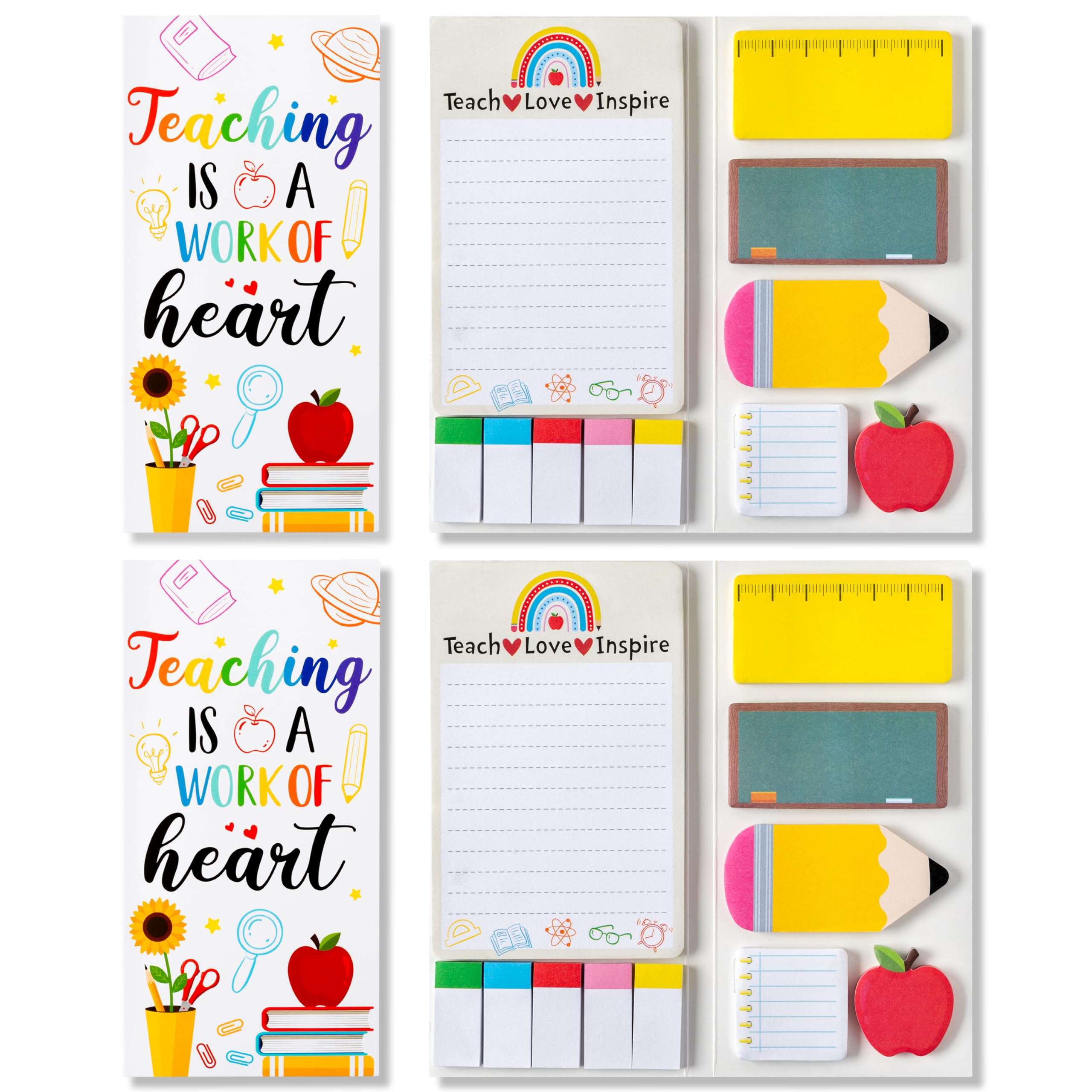 Xqumoi 2 Pack Teaching Is A Work Of Heart Sticky Notes Set - Ruler Blackboard Pencil Apple Self-Stick Note Pads Teacher Apprecia