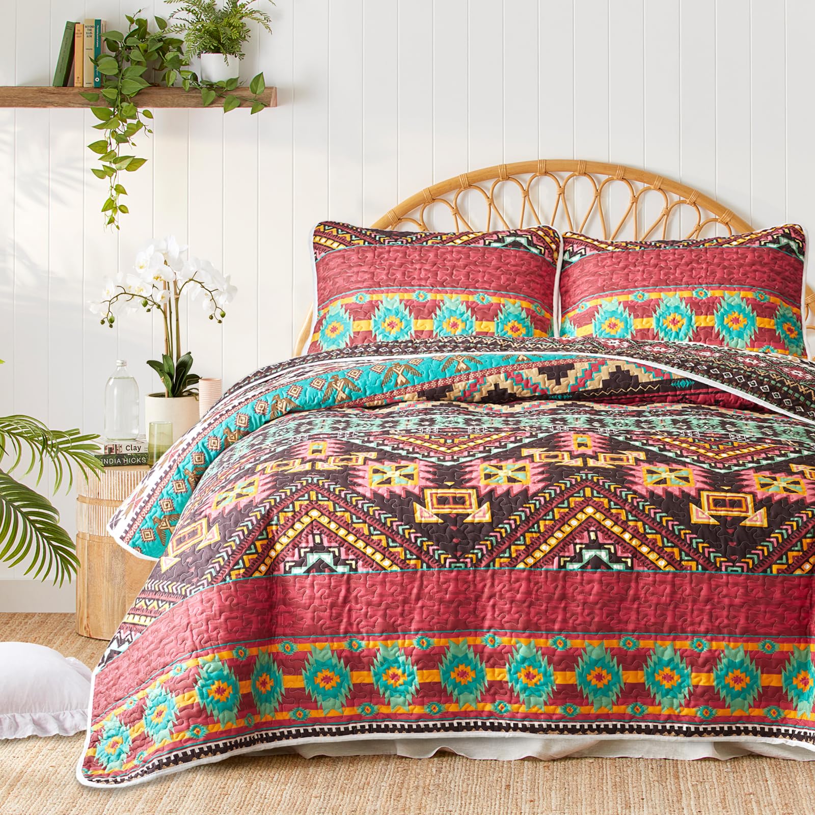 3 Pieces Colorful Bohemian Quilt Set Full Queen Size, Burgundy N Brown Boho Striped Printed Bedding Bedspread Coverlet Set For S
