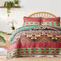 3 Pieces Colorful Bohemian Quilt Set California King Size, Burgundy N Brown Boho Striped Printed Bedding Bedspread Coverlet Set