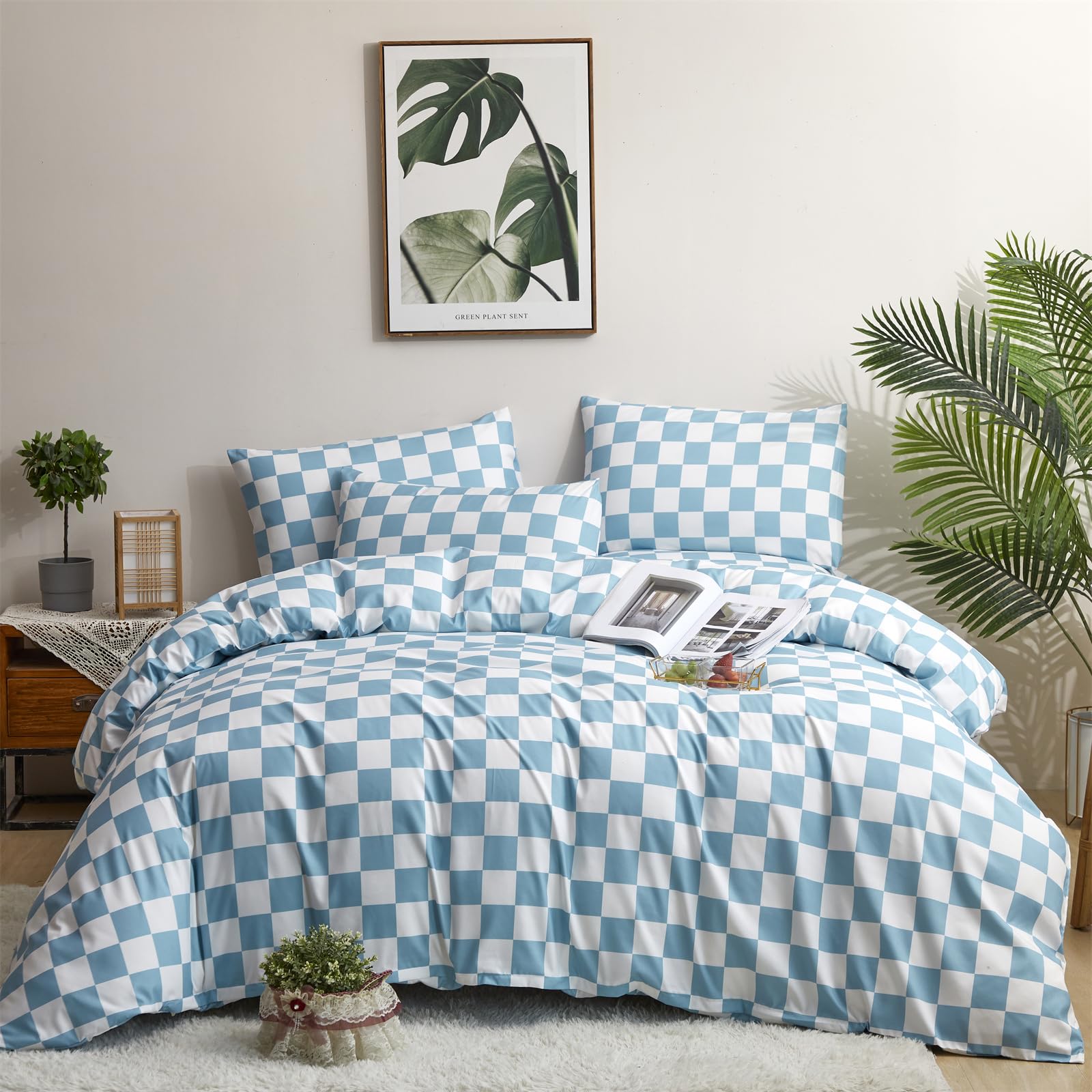 Clothknow Blue Plaid Queen Comforter Set 3Pcs Light Blue White Bedding Comforter Sets Grid Comforter Queen Checker Comforter Soft Boffalo Queen Size Comforter Sets