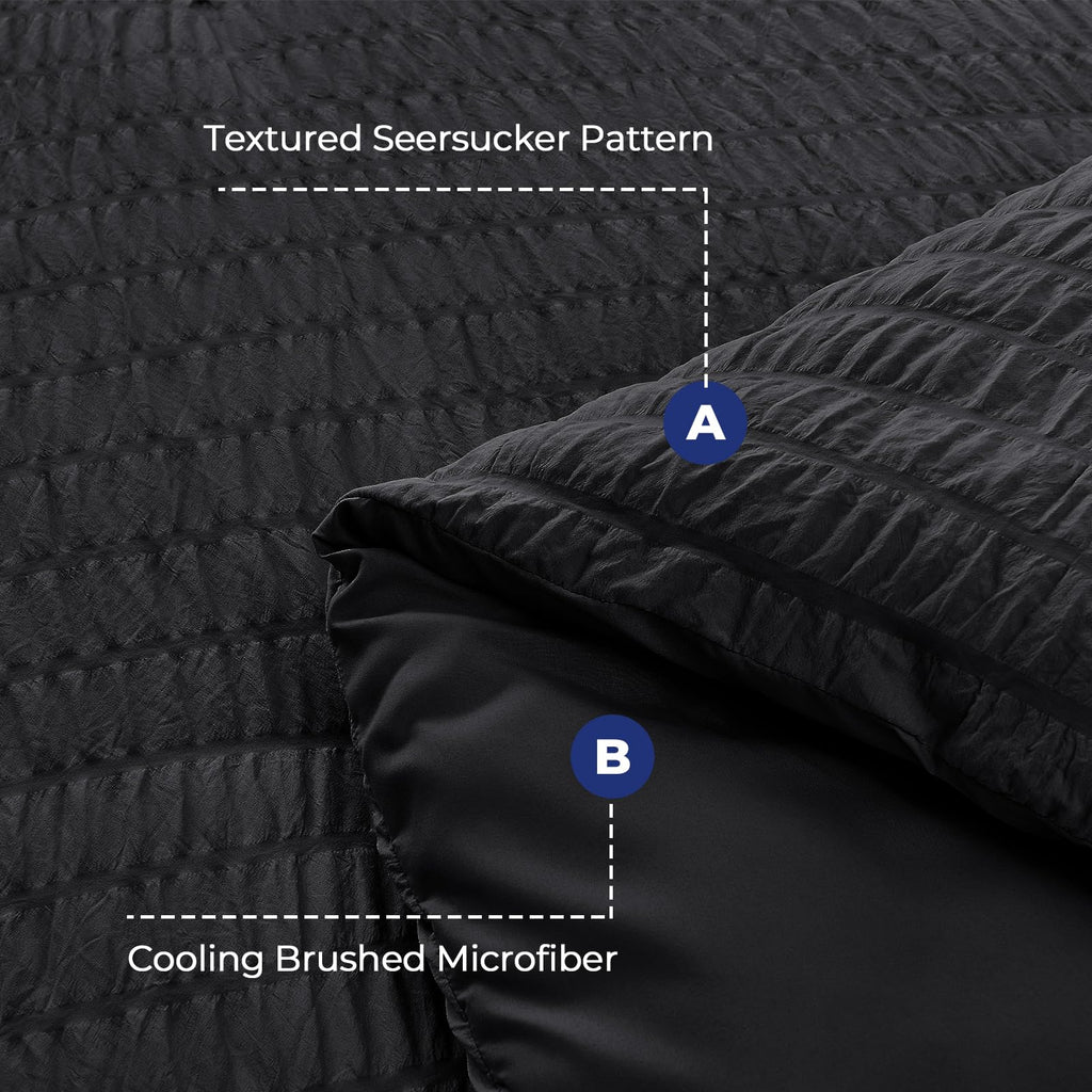 Hymokege Black Twin Duvet Cover Set, Ultra Soft & Breathable 3Pc Seersucker Duvet Cover Set With Zipper Closure & Corner Ties -