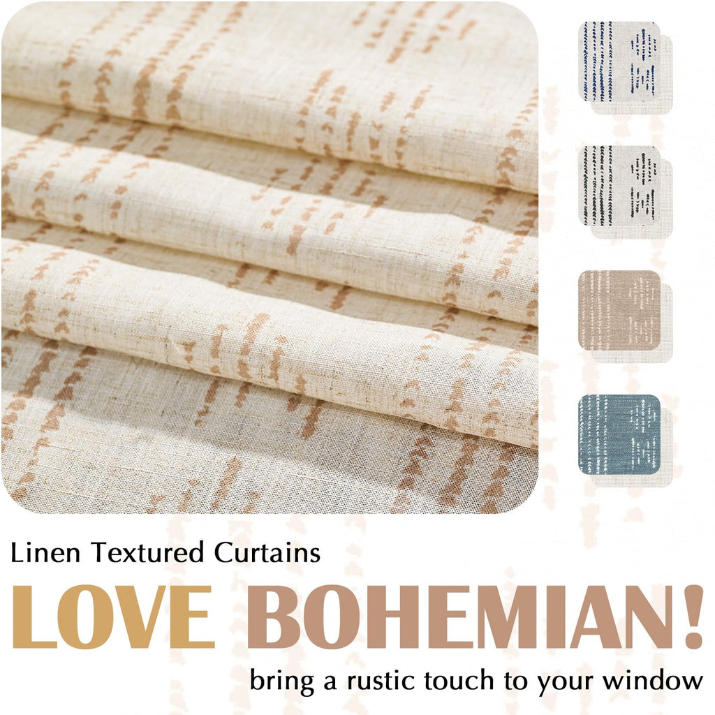 Jinchan Boho Kitchen Curtains Linen Tier Curtains 45 Inch Long Bohemian Cafe Curtains Geometric Striped Small Window Curtains Farmhouse Country For Bathroom Rv Light Filtering 2 Panels Taupe On Beige