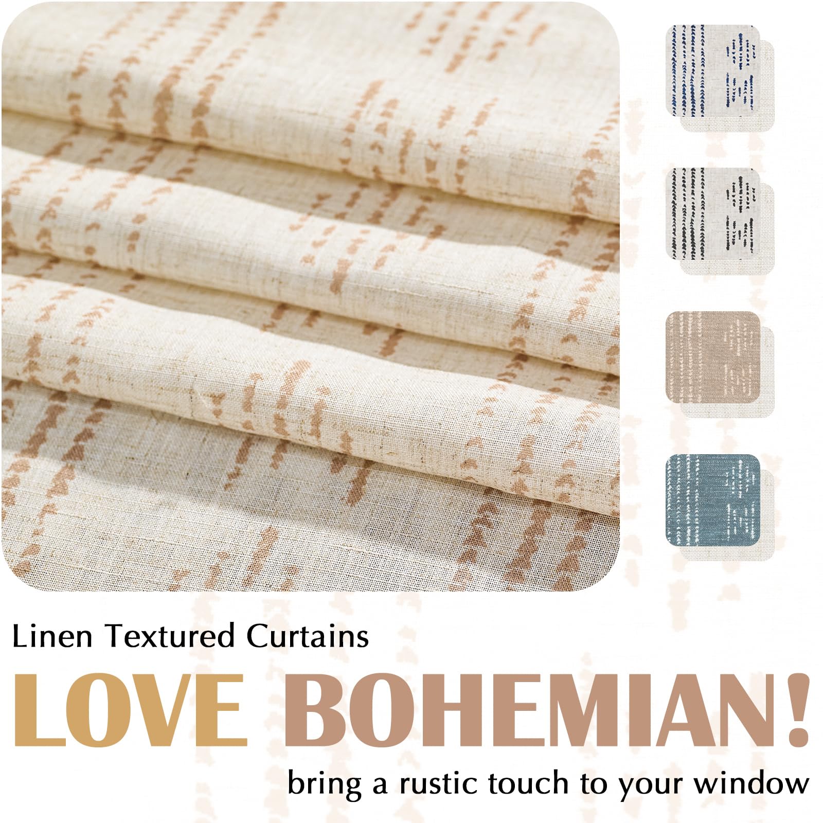 Jinchan Boho Kitchen Curtains Linen Tier Curtains 45 Inch Long Bohemian Cafe Curtains Geometric Striped Small Window Curtains Farmhouse Country For Bathroom Rv Light Filtering 2 Panels Taupe On Beige