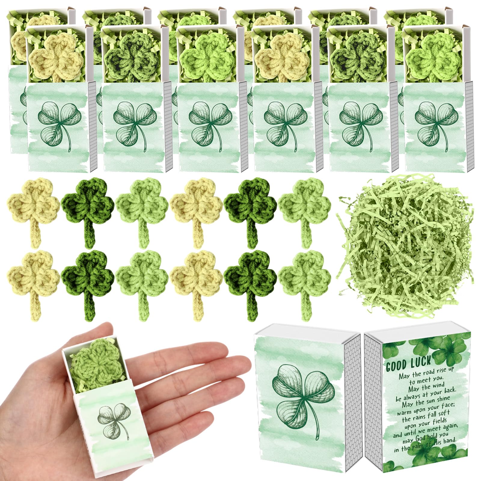 Wettarn 24 Sets St. Patrick s Gifts Bulk Handmade Crochet Shamrock Lucky Clover with Greeting Box Irish Day Ireland Gifts Decor
