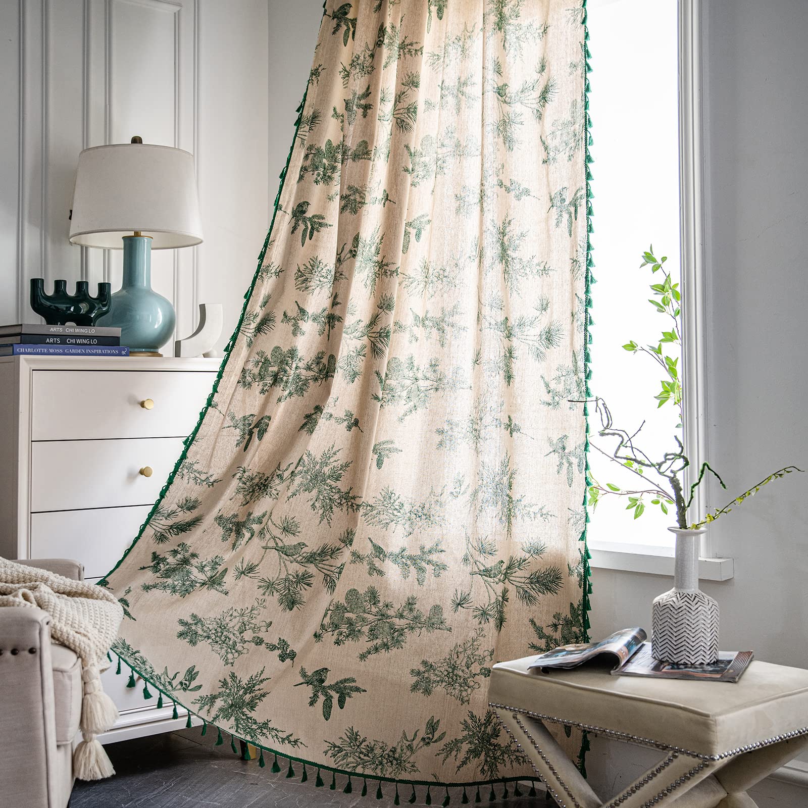 Boho Curtains with Tassel Bohemian Green Semi-Blackout Drapes 84 Inch Length Cotton Linen Farmhouse Window Curtain Panels Floral