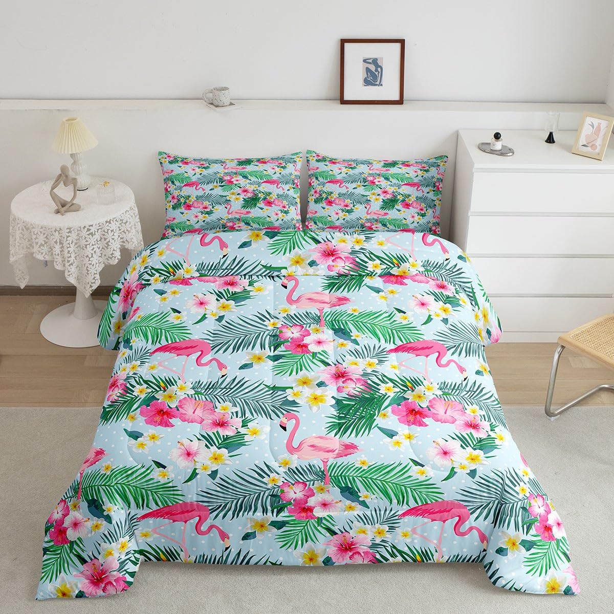 Pink Flamingo Kids Comforter Set Queen Size,Palm Leaves Flowers Rustic Bedding Set,Boys Girls Adults Room Decor,Tropical Plants