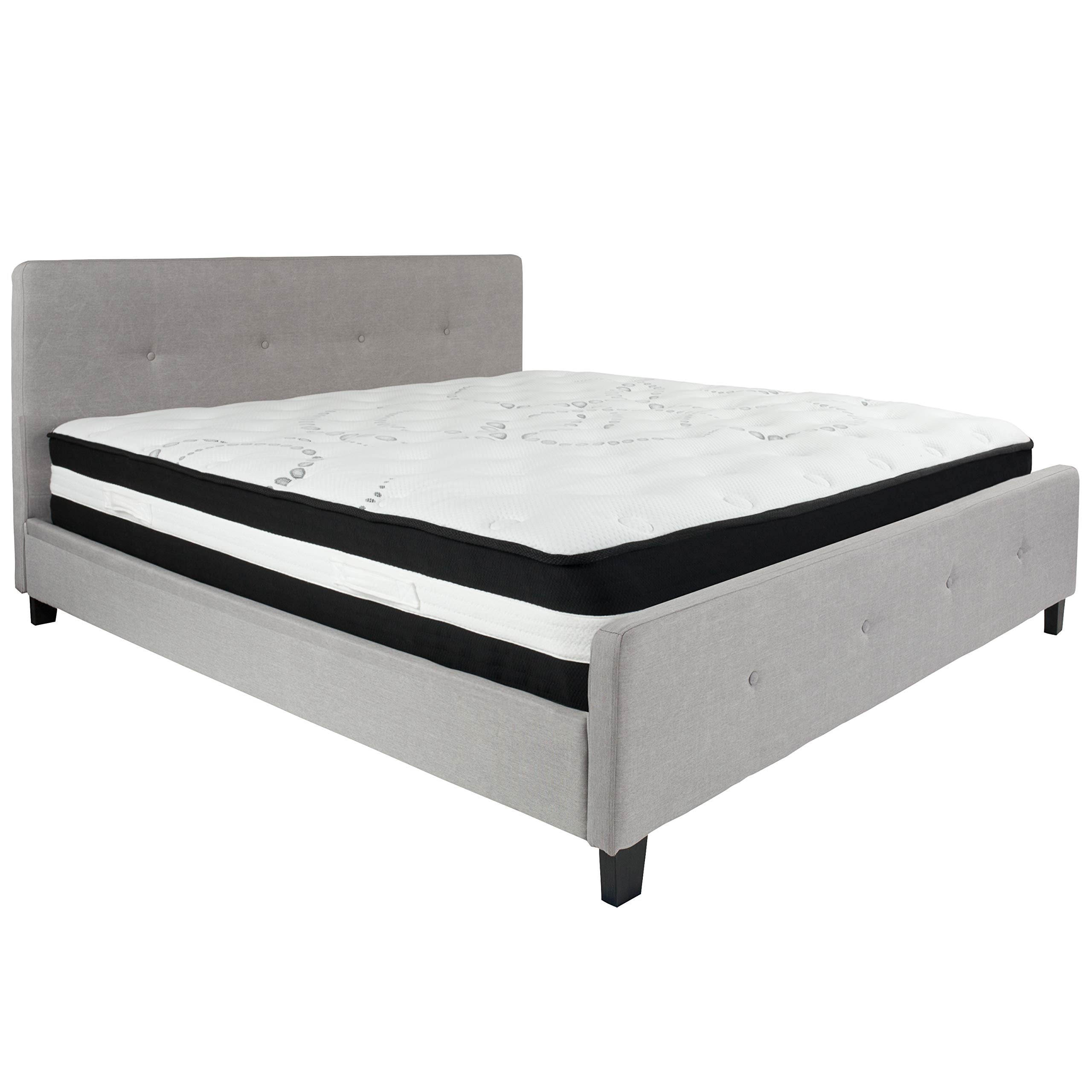 Flash Furniture Tribeca King Size Tufted Upholstered Platform Bed in Light Gray Fabric with Pocket Spring Mattress